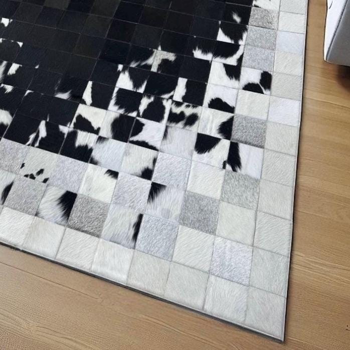 Black and White Cowhide Patchwork Rug, Genuine Leather Area Carpet, Modern Handmade Cowhide Rug, Natural Durable Custom Size