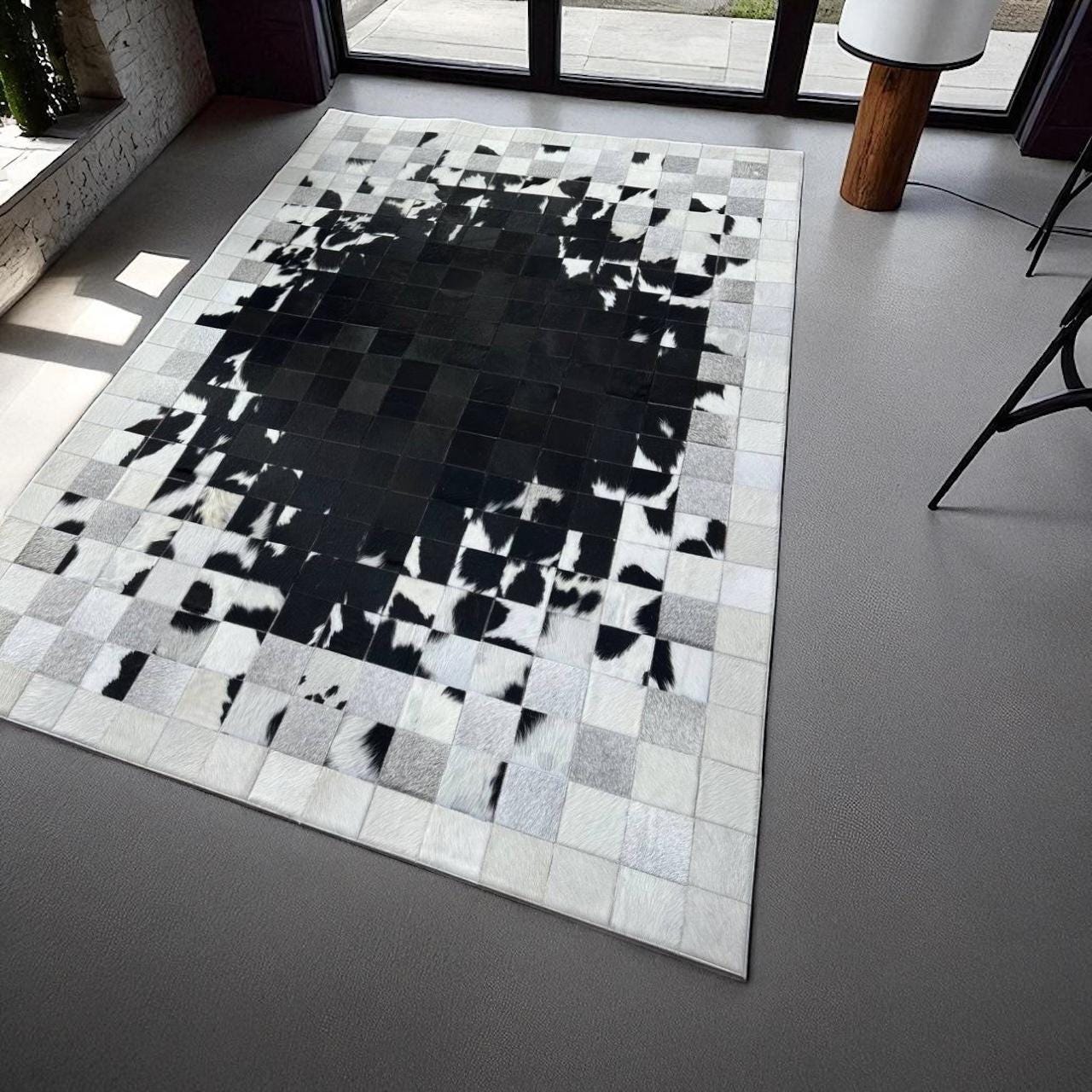 Black and White Cowhide Patchwork Rug, Genuine Leather Area Carpet, Modern Handmade Cowhide Rug, Natural Durable Custom Size