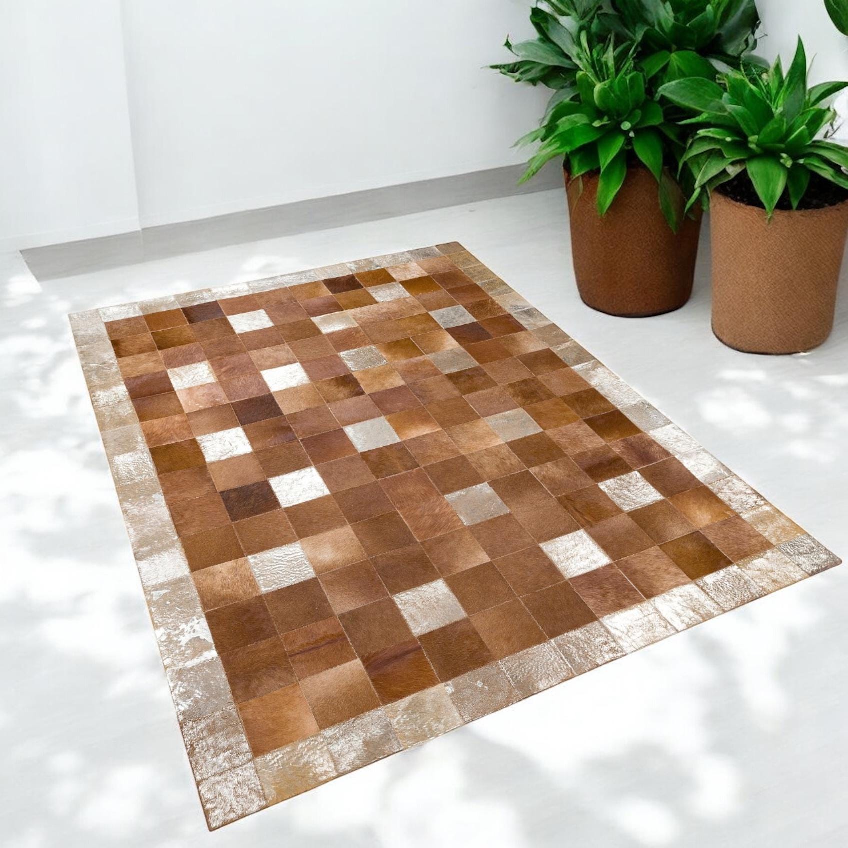 Brown Patchwork Cowhide Rug with Metallic Accent Border, Natural Leather Area Rug, Custom Size Genuine Cowhide Carpet for Living Room