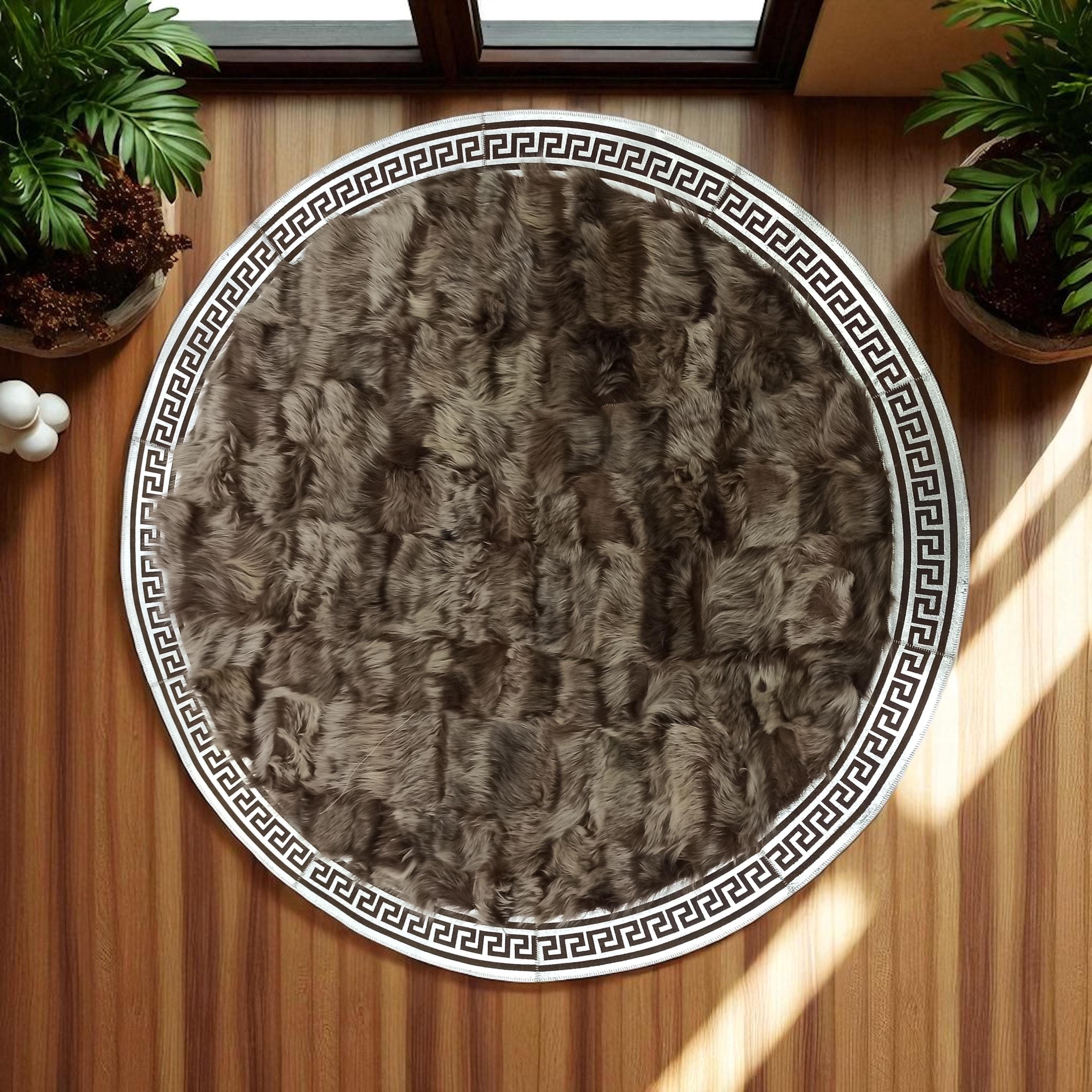 Round Tuscan Sheepskin Rug in Dark Brown with Greek Key Border, Custom Size Natural Fur Circle Rug, Cozy Handmade Luxury Carpet
