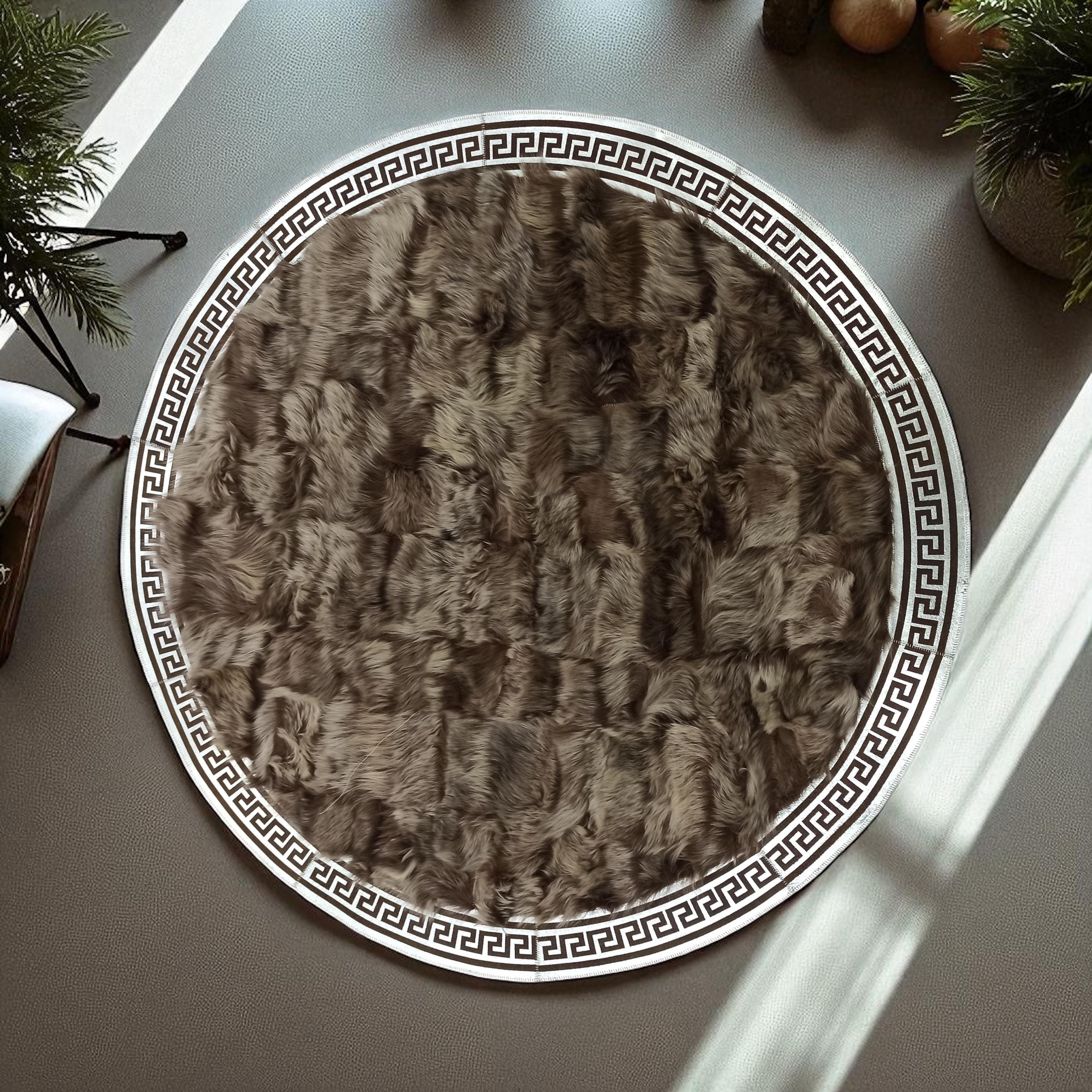 Round Tuscan Sheepskin Rug in Dark Brown with Greek Key Border, Custom Size Natural Fur Circle Rug, Cozy Handmade Luxury Carpet