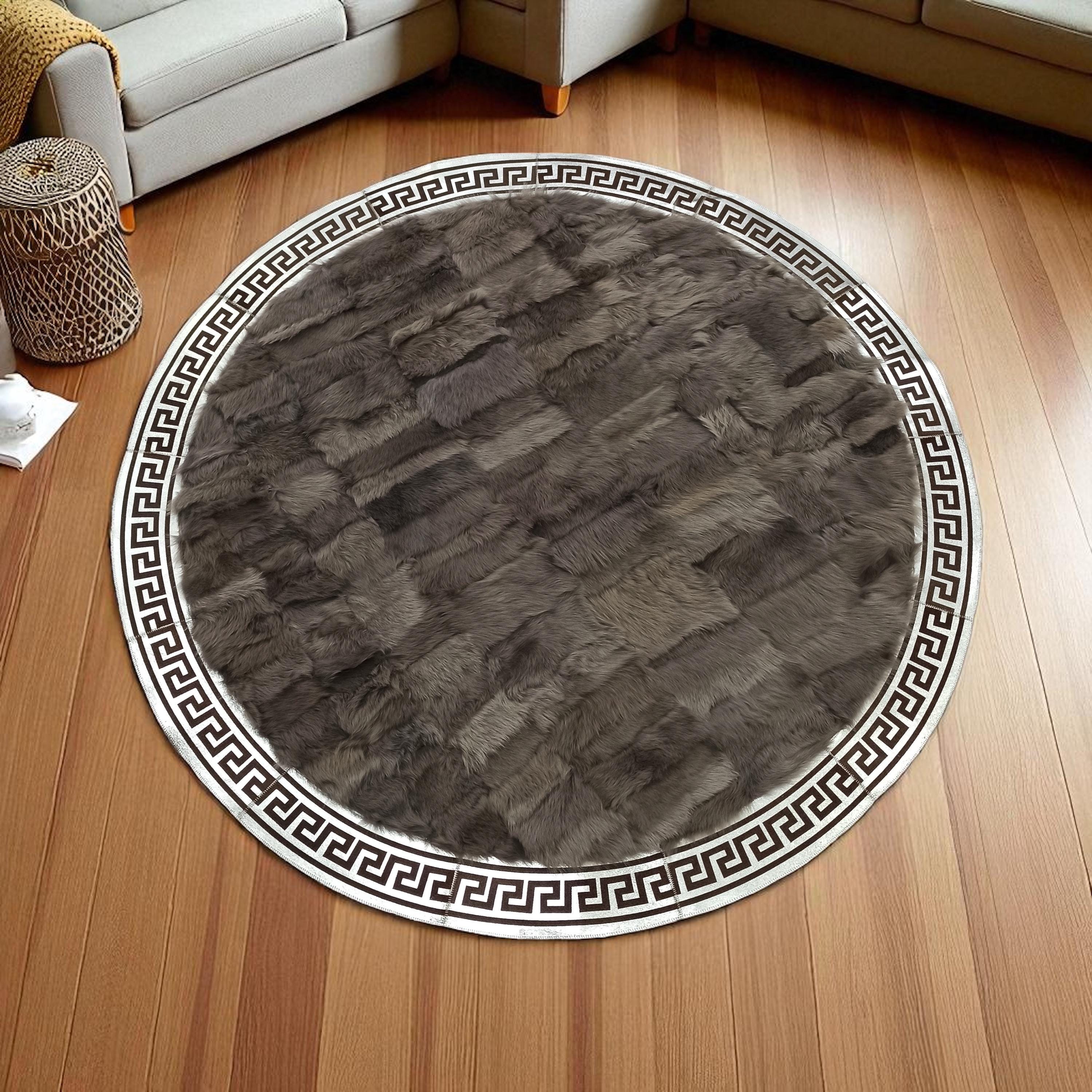 Dark Gray Toscana Round Sheepskin Rug with Greek Border, Soft Natural Fur Circle Carpet, Handmade Custom Size Luxury Area Rug