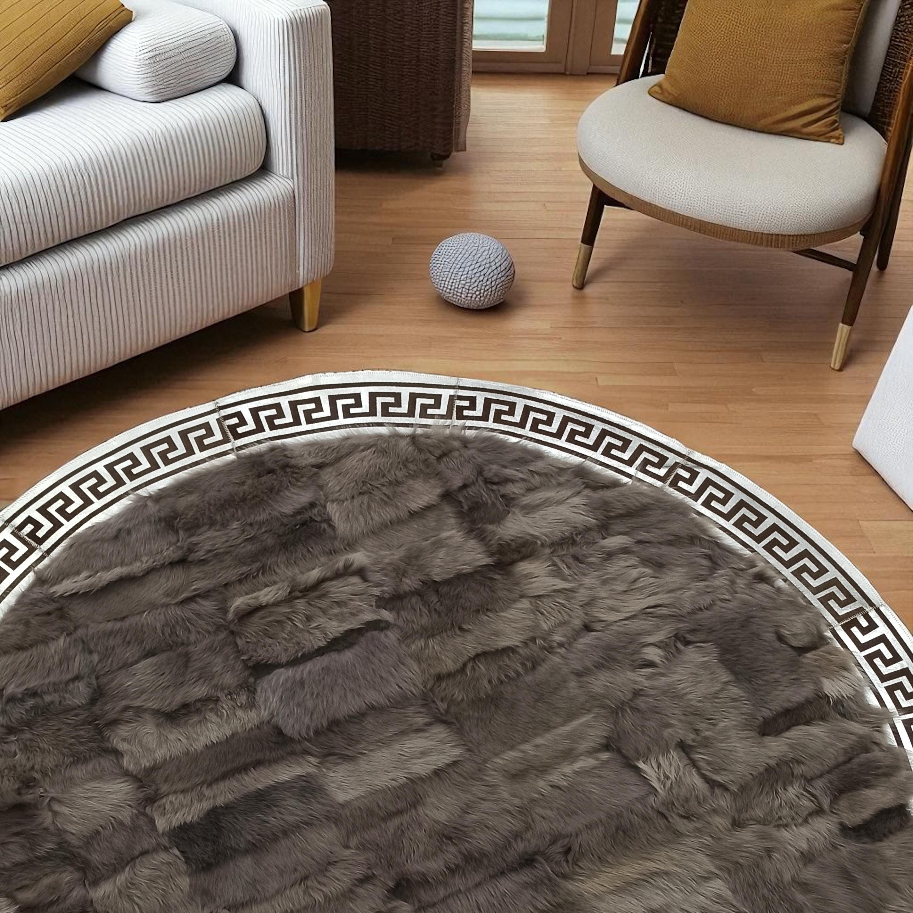 Dark Gray Toscana Round Sheepskin Rug with Greek Border, Soft Natural Fur Circle Carpet, Handmade Custom Size Luxury Area Rug