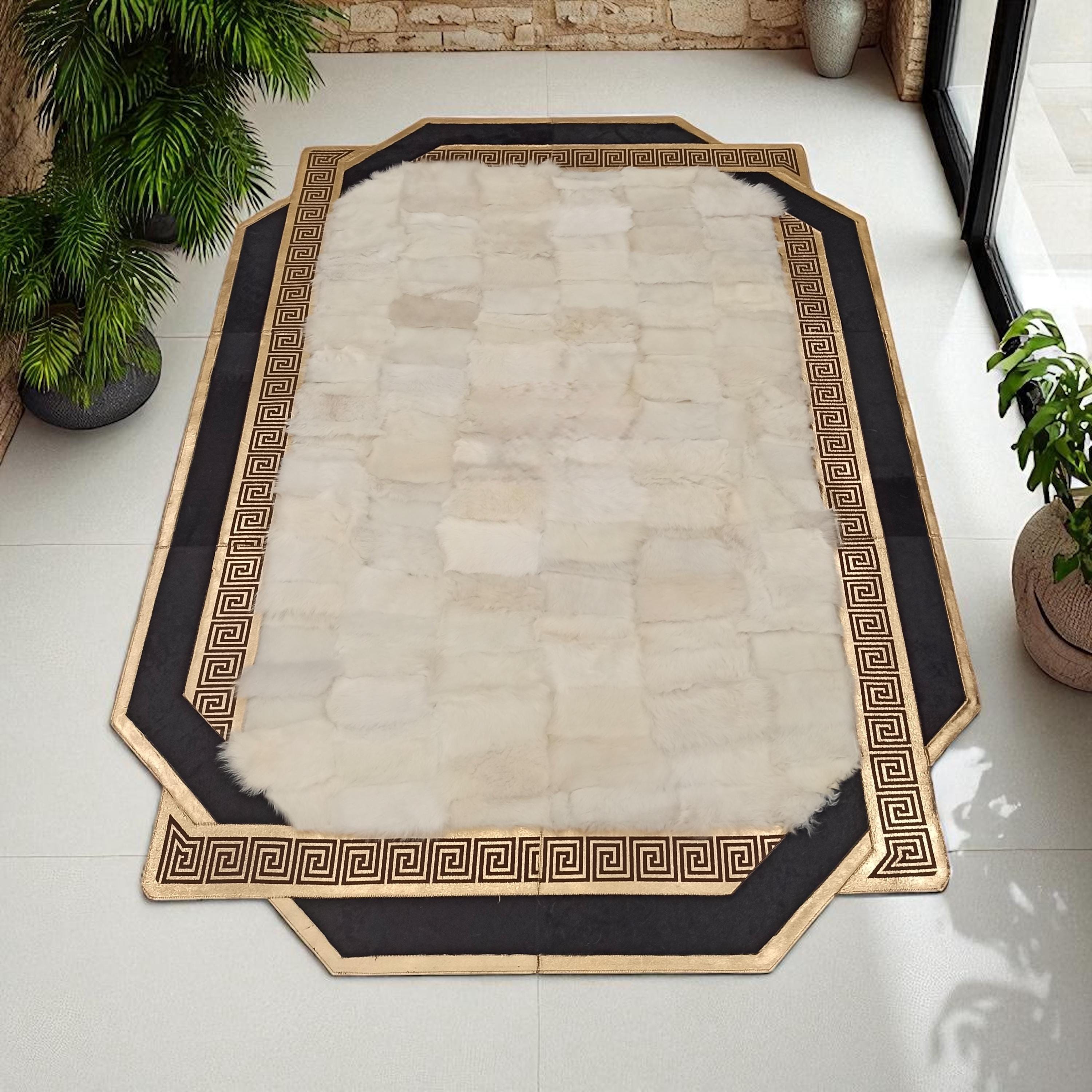 Cream Tuscan Sheepskin Rug with Gold Greek Border, Octagon Shape Natural Fur Carpet, Custom Handmade Luxury Area Rug