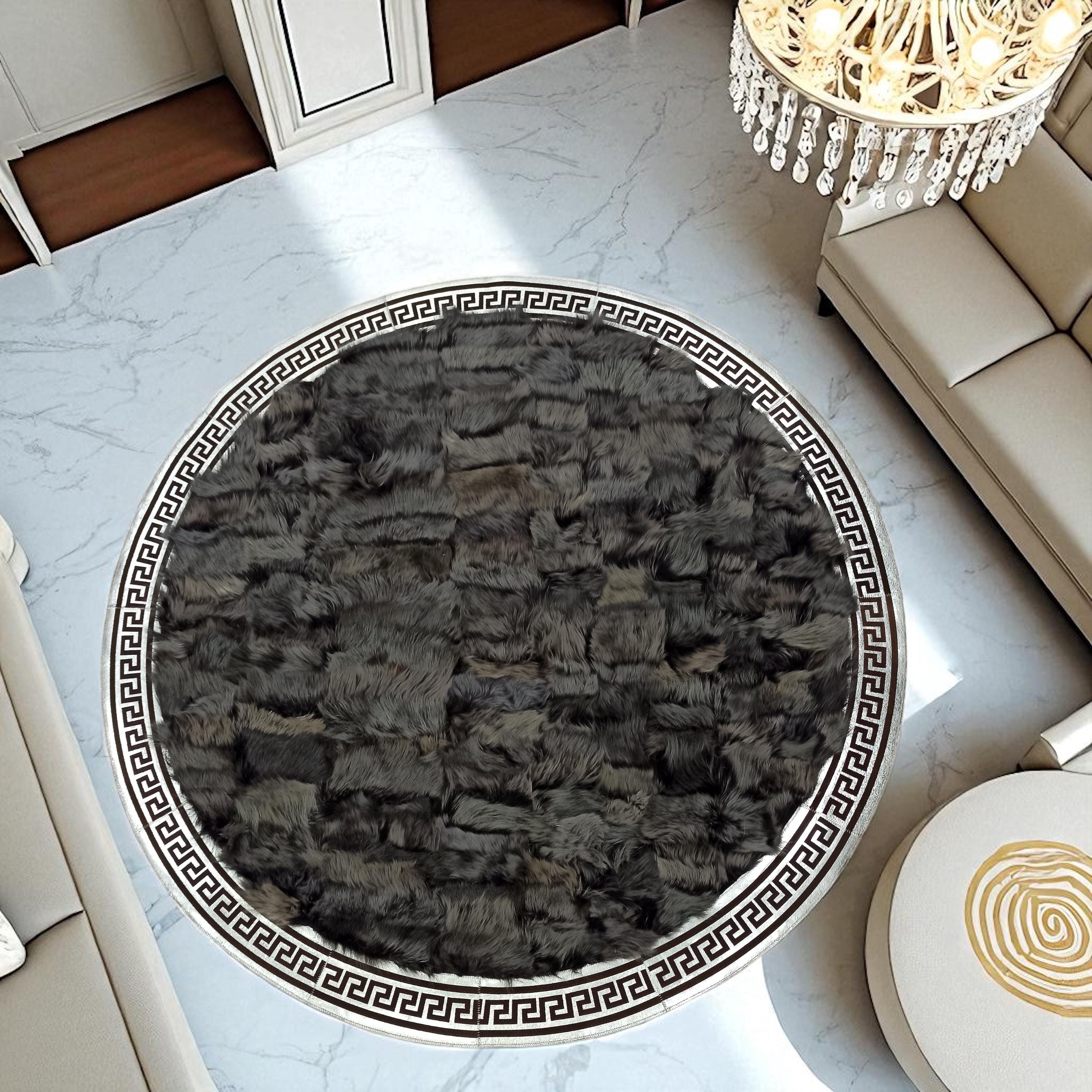Black Tuscan Round Rug with Silver Greek Border, Handmade Fur Area Carpet, Custom Size Round Rug, Elegant Luxury Circle Rug