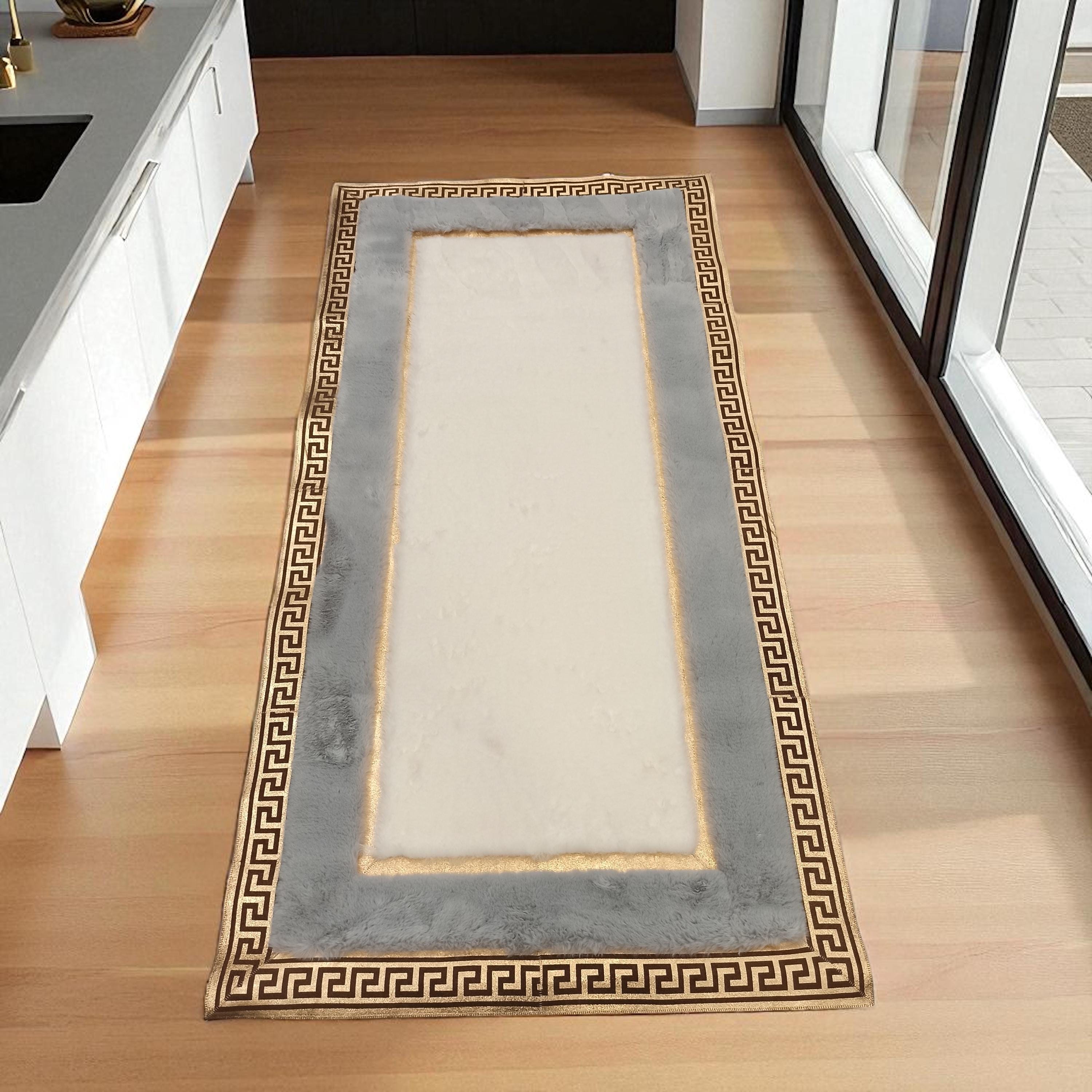 Gray and White Plush Runner Rug with Gold Greek Border, Soft Custom Size Long Area Carpet, Modern Hallway or Entryway Rug