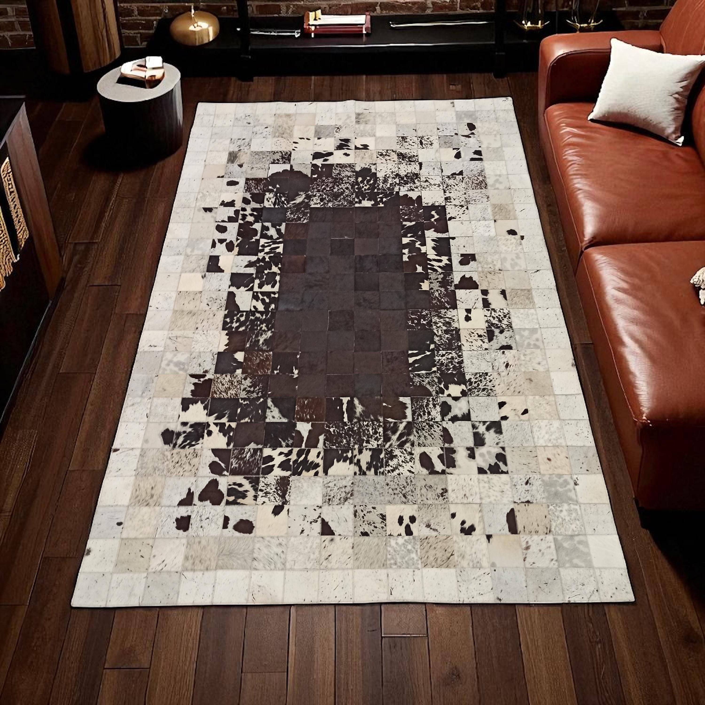 Brown and White Cowhide Patchwork Rug, Real Leather Area Rug, Handmade Cowhide Carpet, Modern Rectangular Natural Cowhide Rug