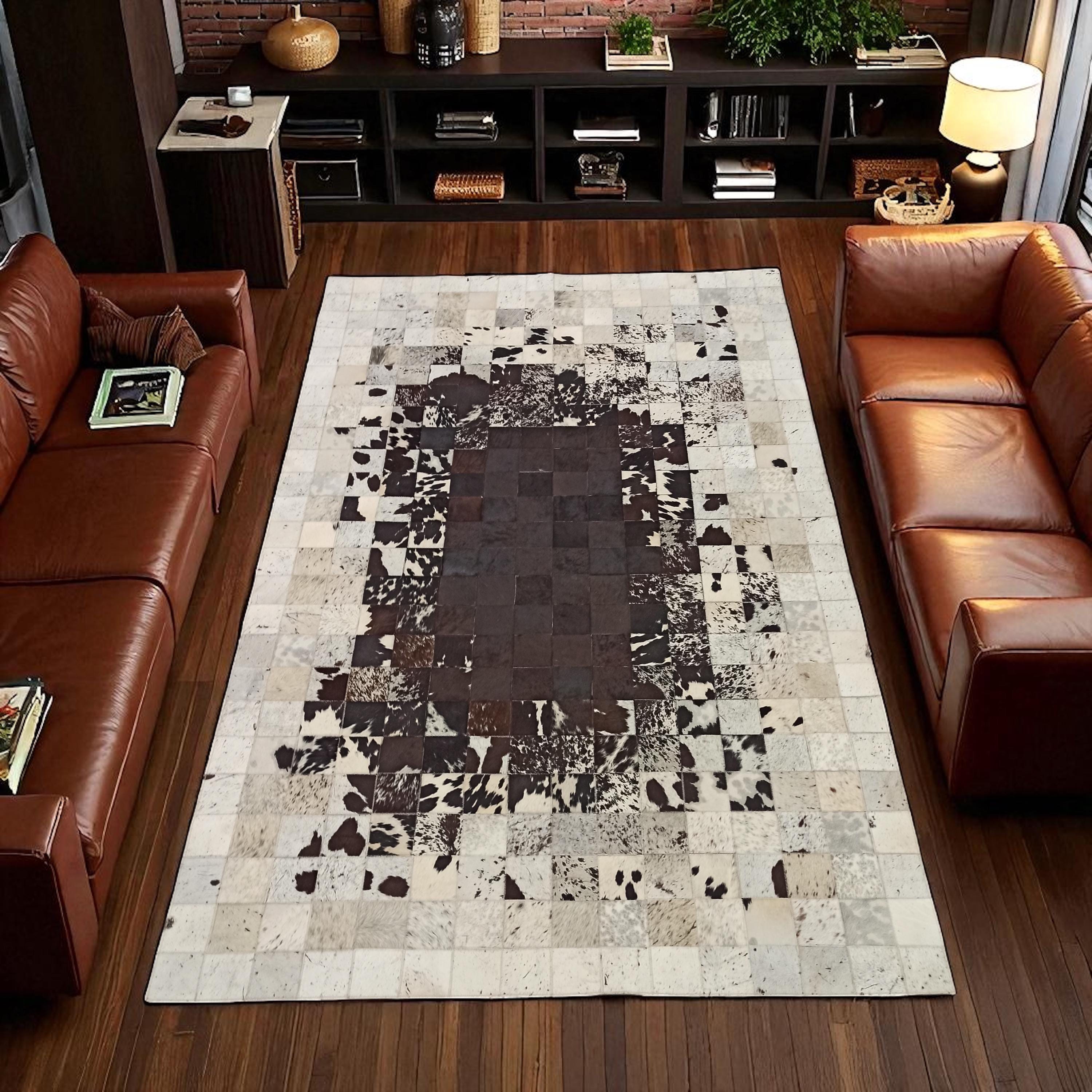 Brown and White Cowhide Patchwork Rug, Real Leather Area Rug, Handmade Cowhide Carpet, Modern Rectangular Natural Cowhide Rug