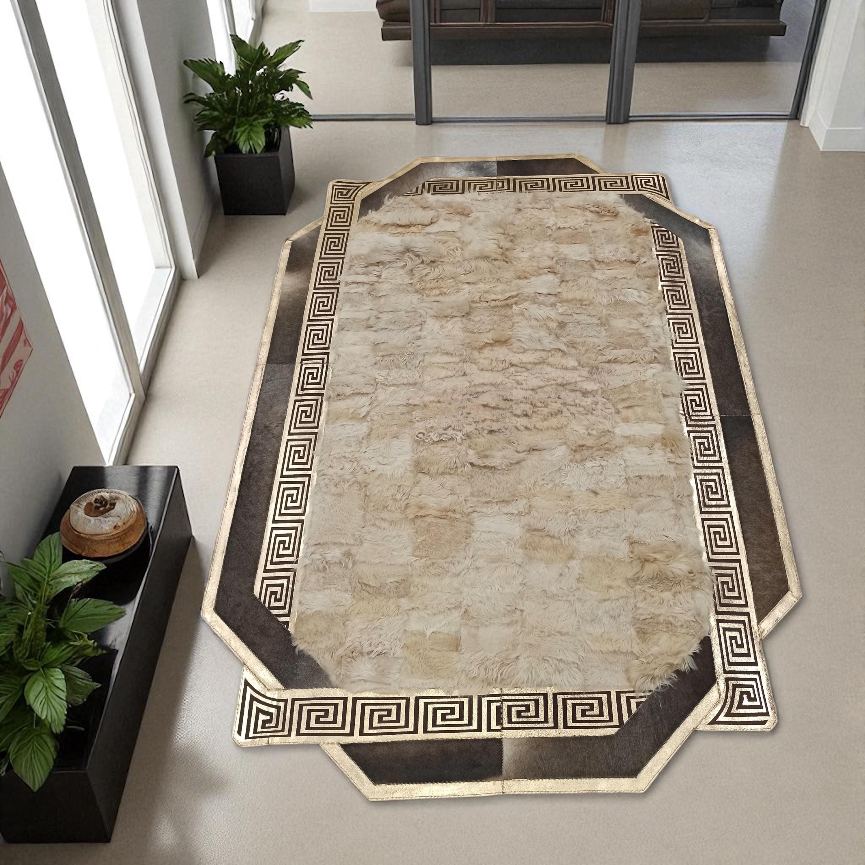 Luxury Greek Border Rectangular Tuscan Rug, Beige Textured Fur Look Carpet, Custom Size Decorative Living Room Floor Rug