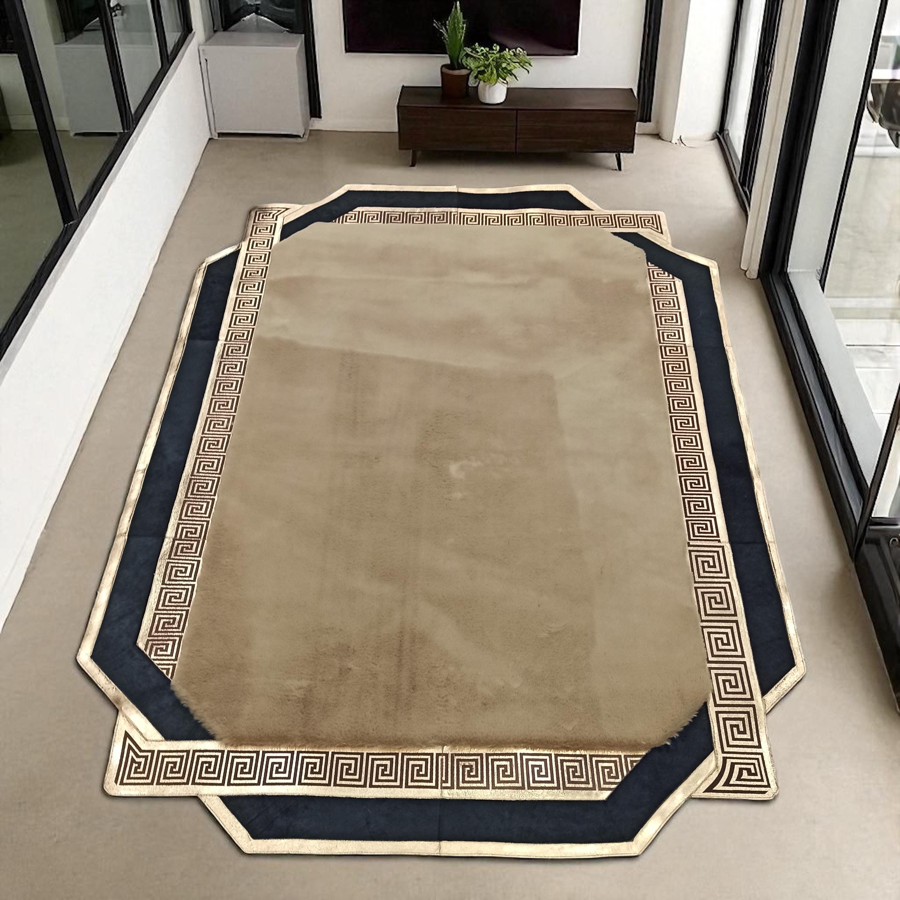 Beige Rectangular Soft Fur Rug with Black Greek Border, Custom Size Cozy Living Room Plush Carpet, Fluffy Decorative Area Rug