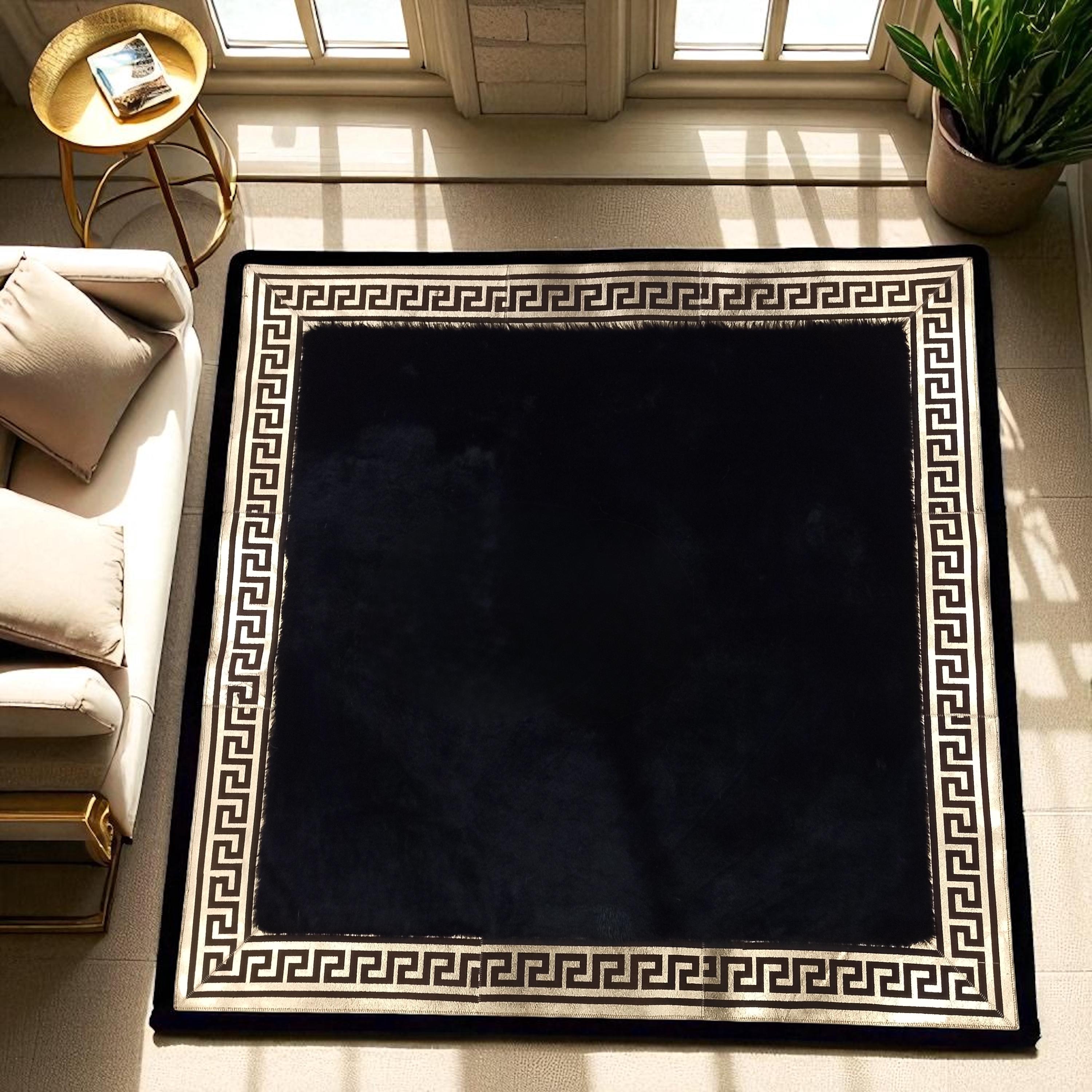 Black Square Plush Area Rug, Gold Detail Fluffy Carpet, Custom Size Available