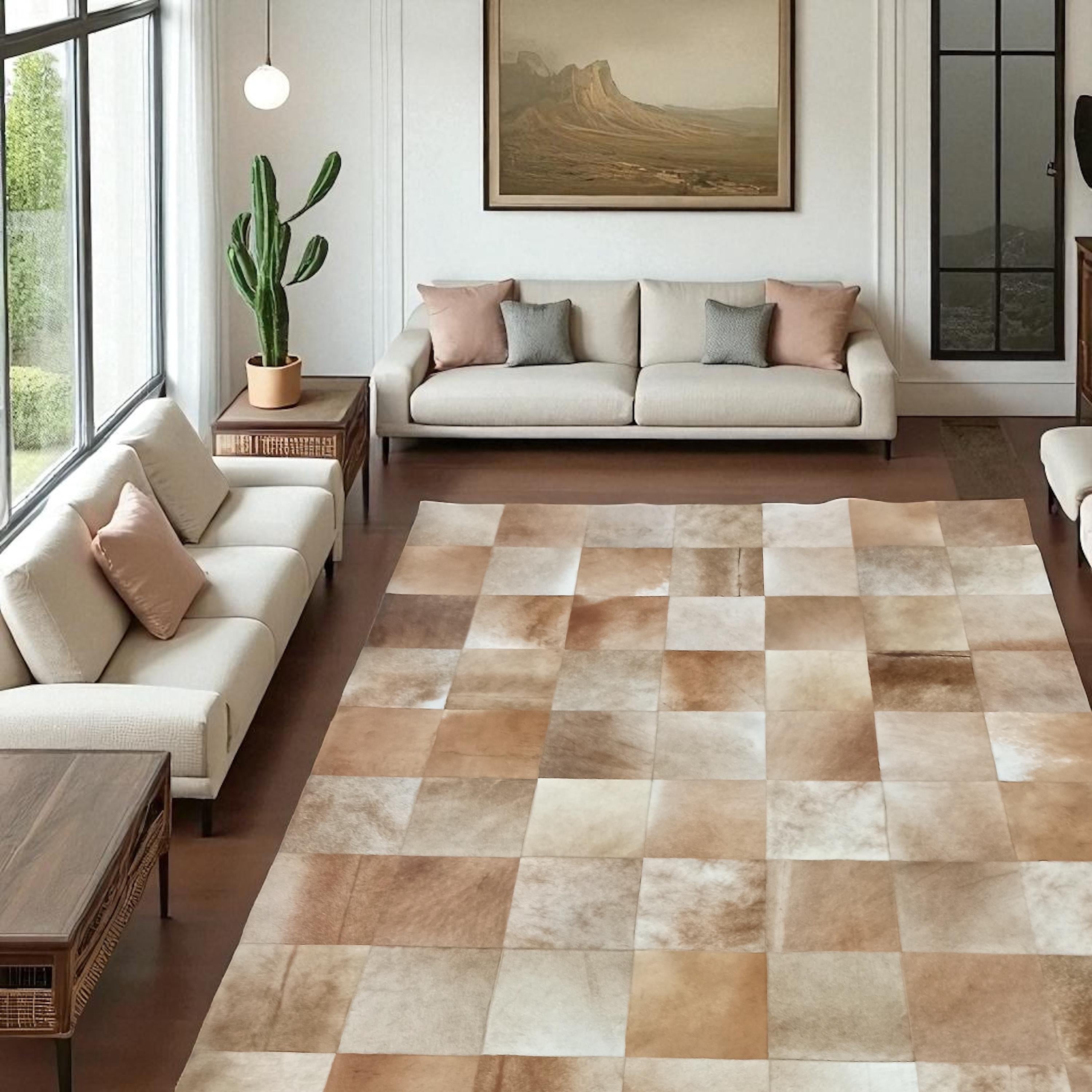 Beige Patchwork Cowhide Rug, Natural Leather Area Rug for Living Room or Office