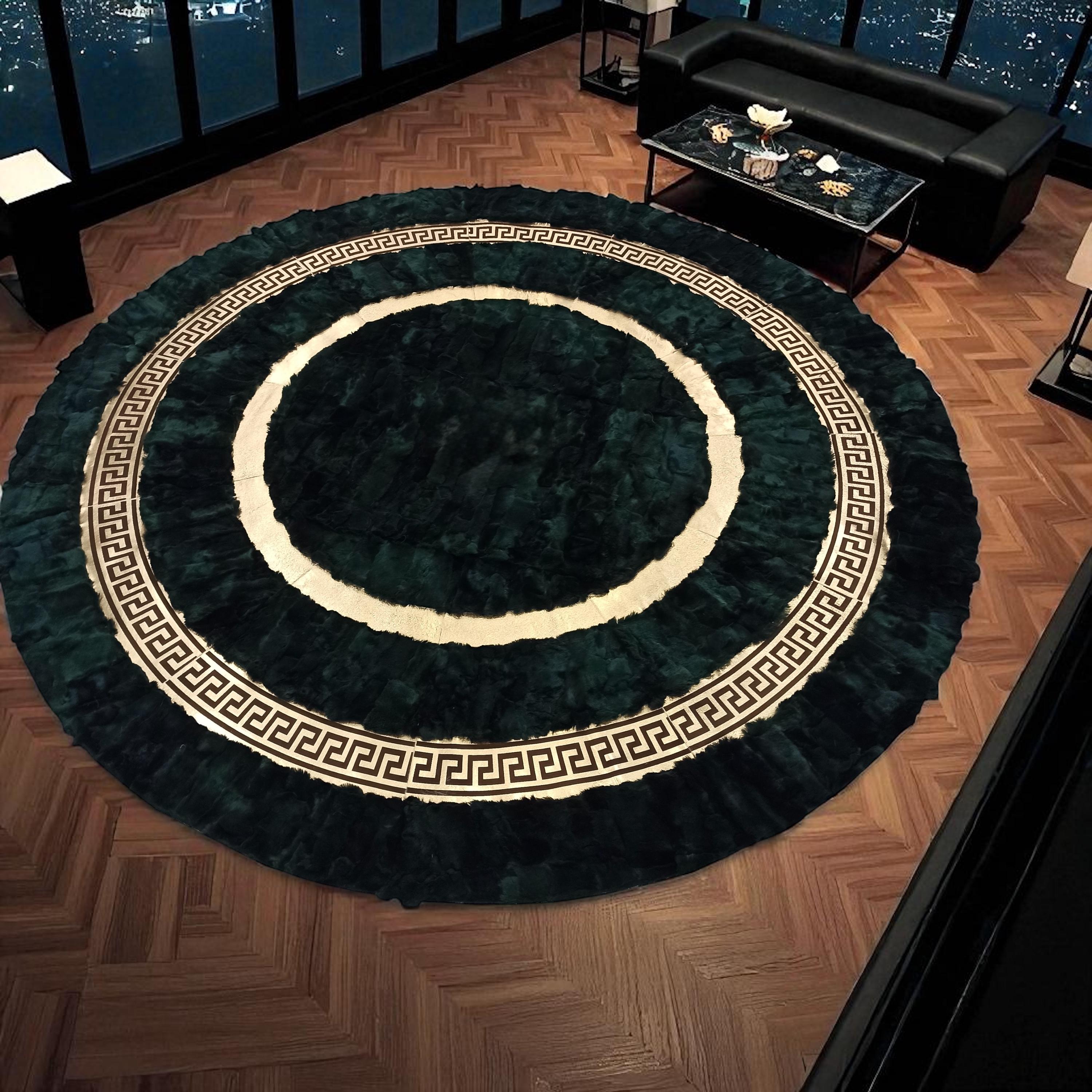 Green Round Rabbit Fur Rug, Soft Rex Fur Round Carpet with Gold Circle Pattern, Custom Size Luxury Fur Area Rug