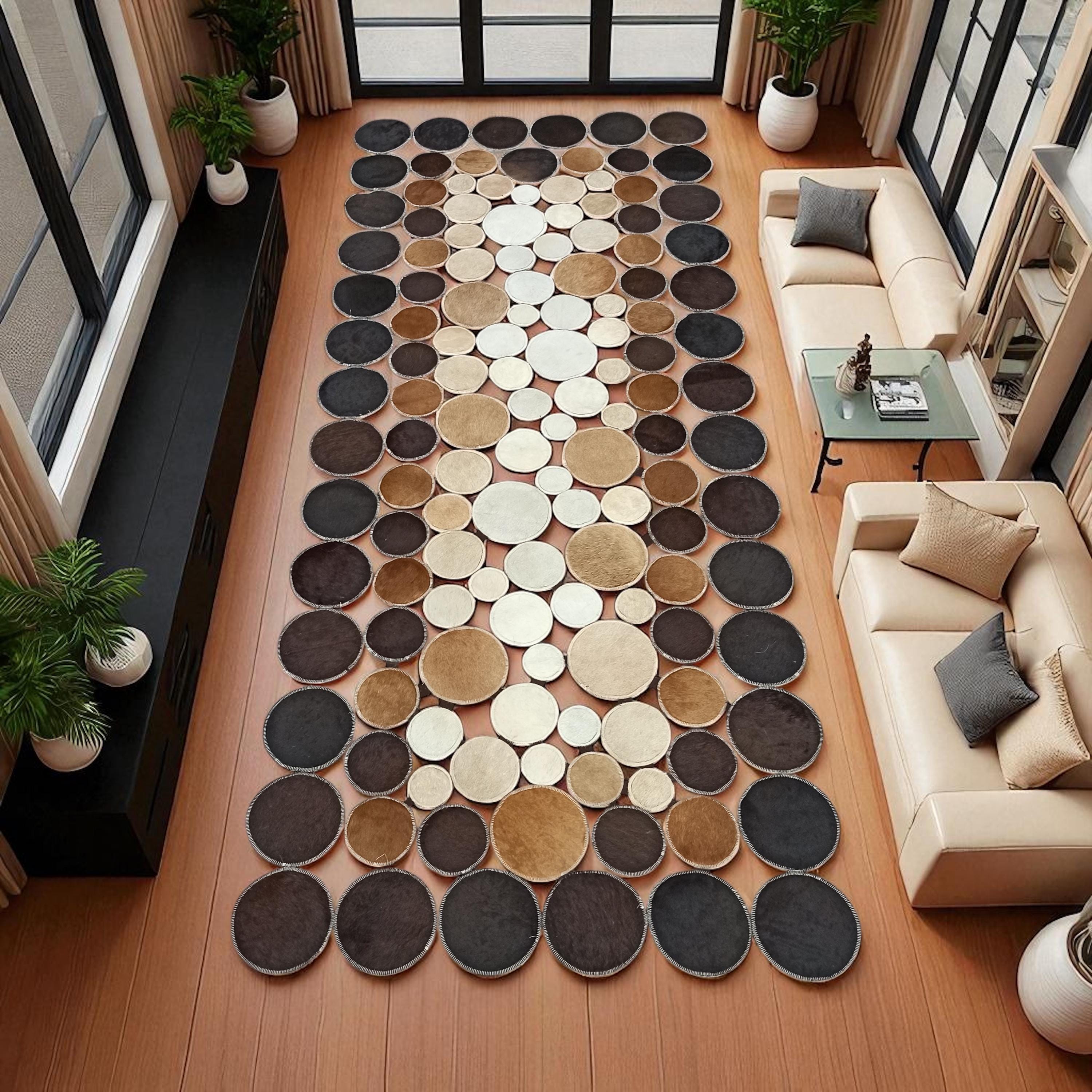 Gray Polka Dot Cowhide Runner Rug, Leather Circle Hallway Carpet, Custom Patchwork Cow Skin Rug