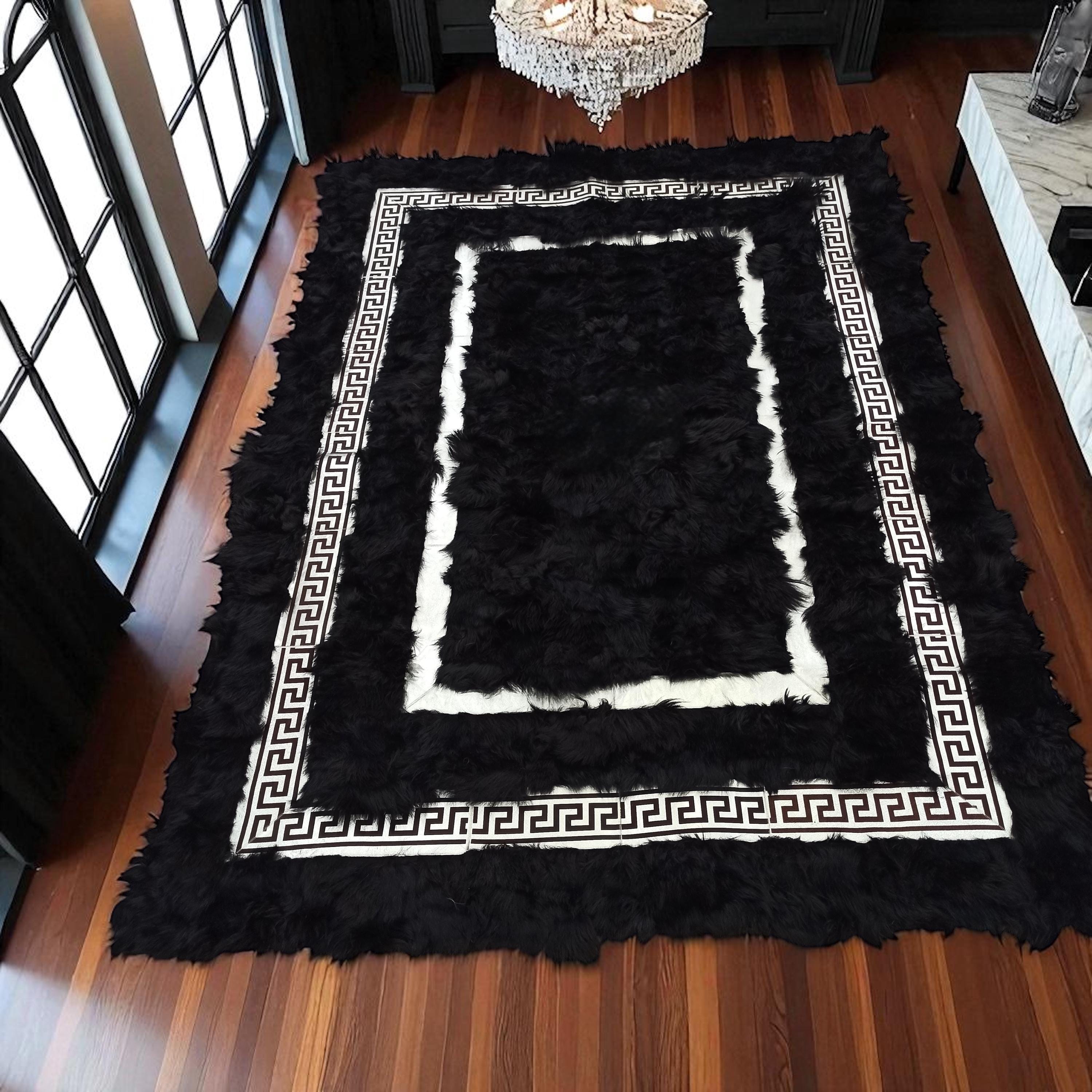 Black and White Tuscan Leather Rug, Greek Key Rectangular Hair-on Hide Carpet, Custom Handmade Patchwork Hallway Rug