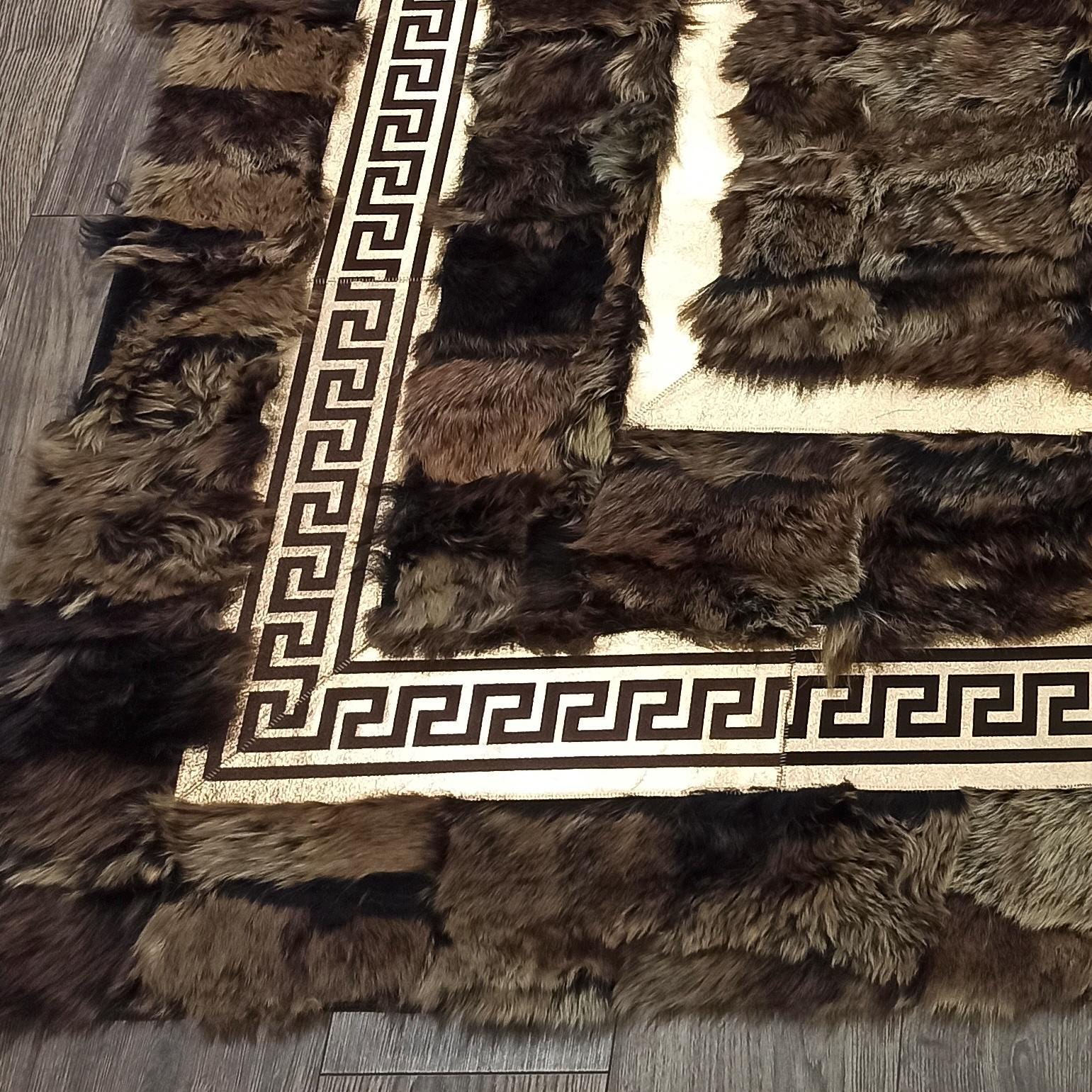 Dark Brown Tuscan Leather Rug, Rectangular Greek Key Hair-on Hide Carpet, Custom Handmade Patchwork Area Rug, Custom Size Tuscan Carpet