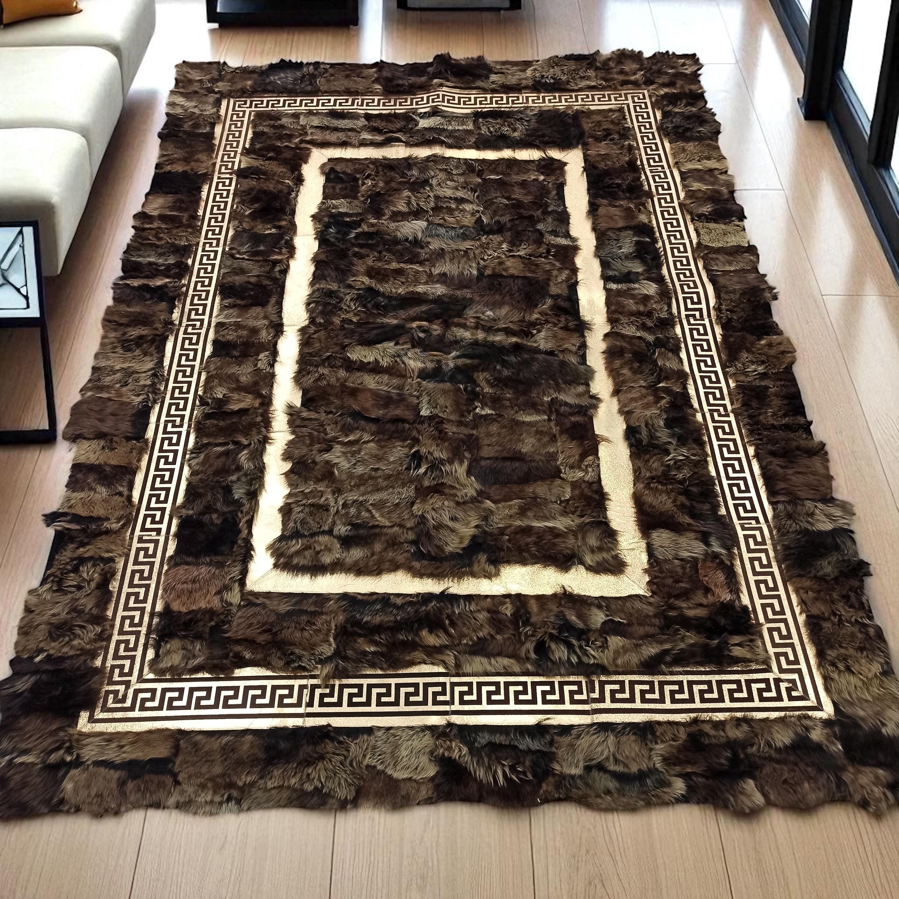 Dark Brown Tuscan Leather Rug, Rectangular Greek Key Hair-on Hide Carpet, Custom Handmade Patchwork Area Rug, Custom Size Tuscan Carpet