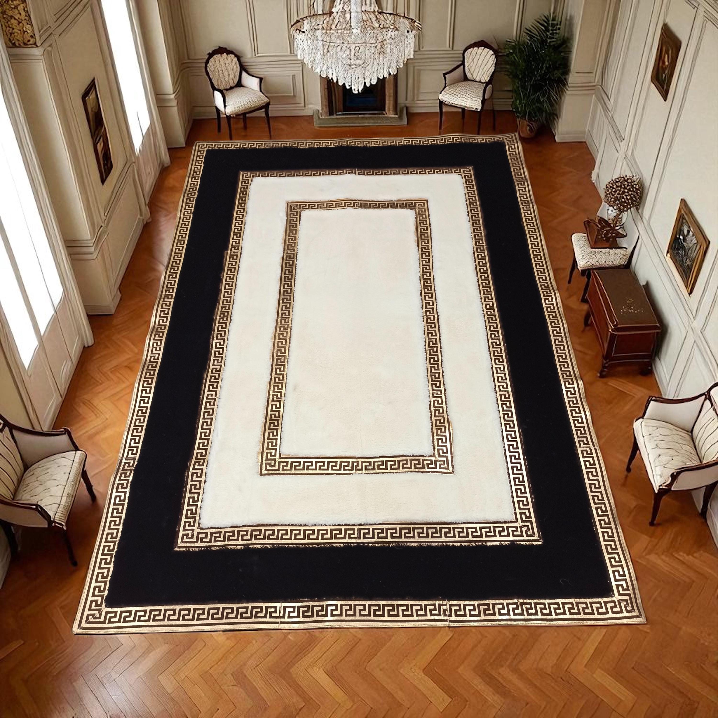 Black and Cream Soft Plush Area Rug, Greek Key Border Large Living Room Carpet, Custom Size Shaggy Floor Rug