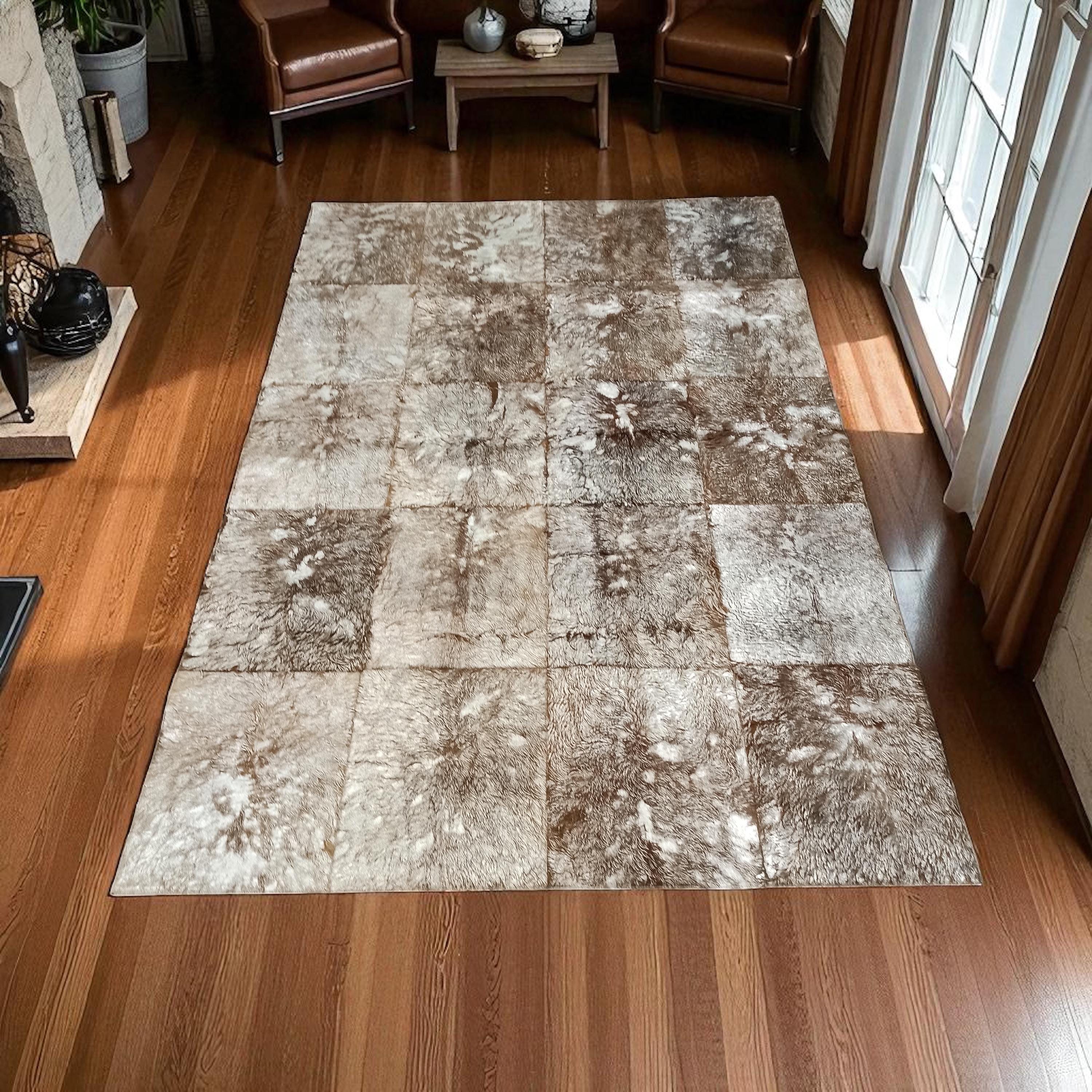 Brown and White Patchwork Cowhide Rug, Natural Leather Area Carpet, Handmade Rectangular Cowhide