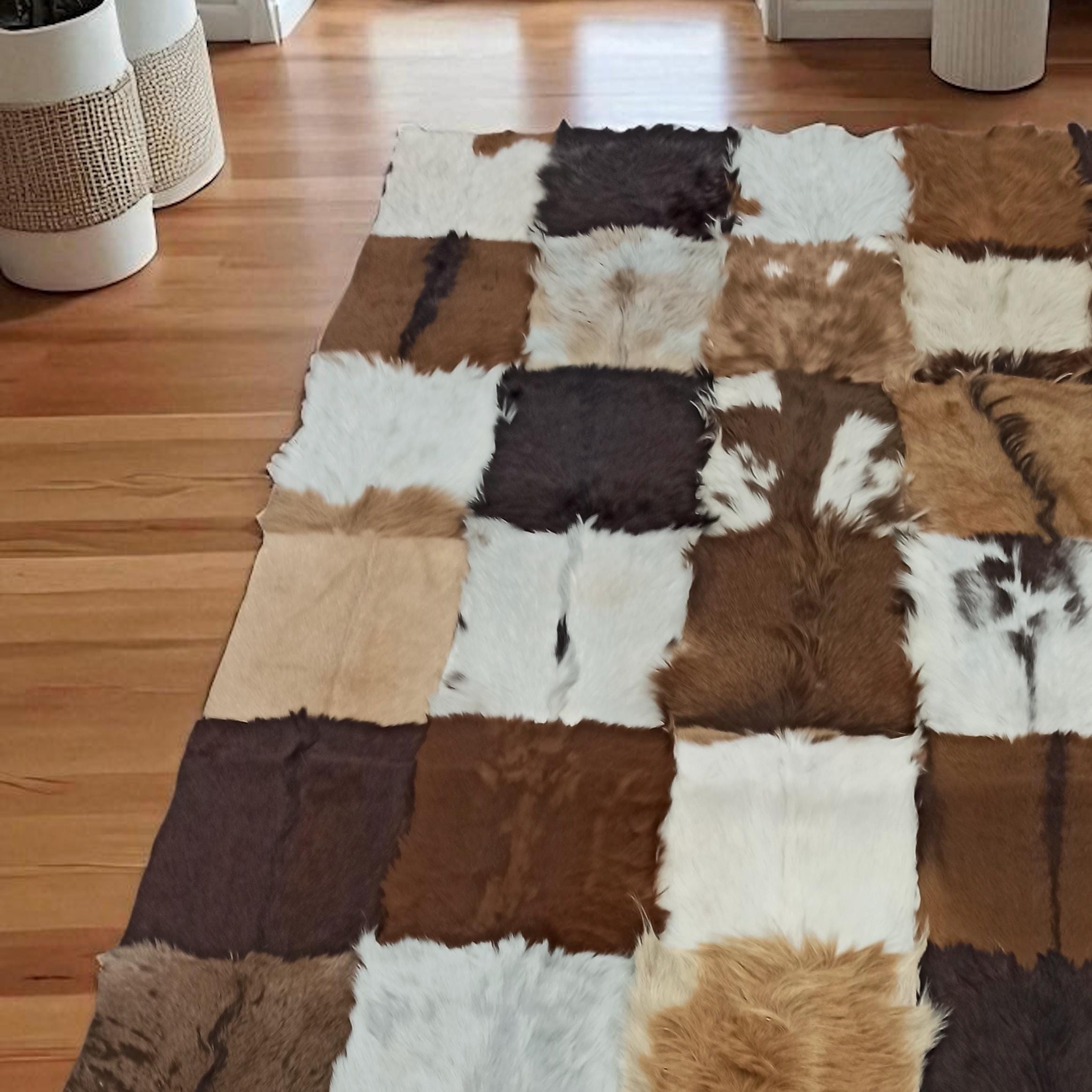 Natural Brown Patchwork Goatskin Rug, Handmade Rectangle Goat Fur Area Carpet, Soft Custom Size Living Room Decor Rug