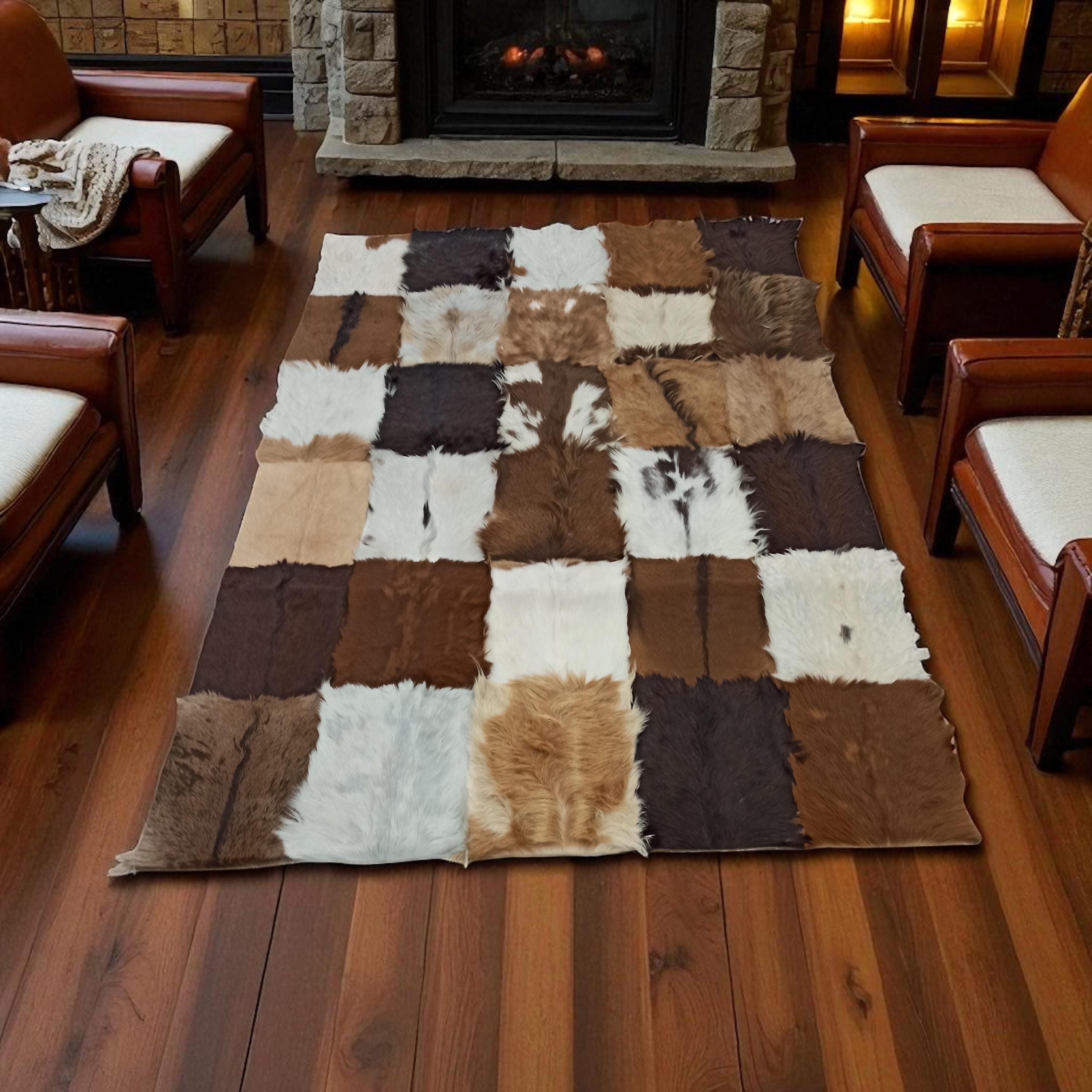 Natural Brown Patchwork Goatskin Rug, Handmade Rectangle Goat Fur Area Carpet, Soft Custom Size Living Room Decor Rug