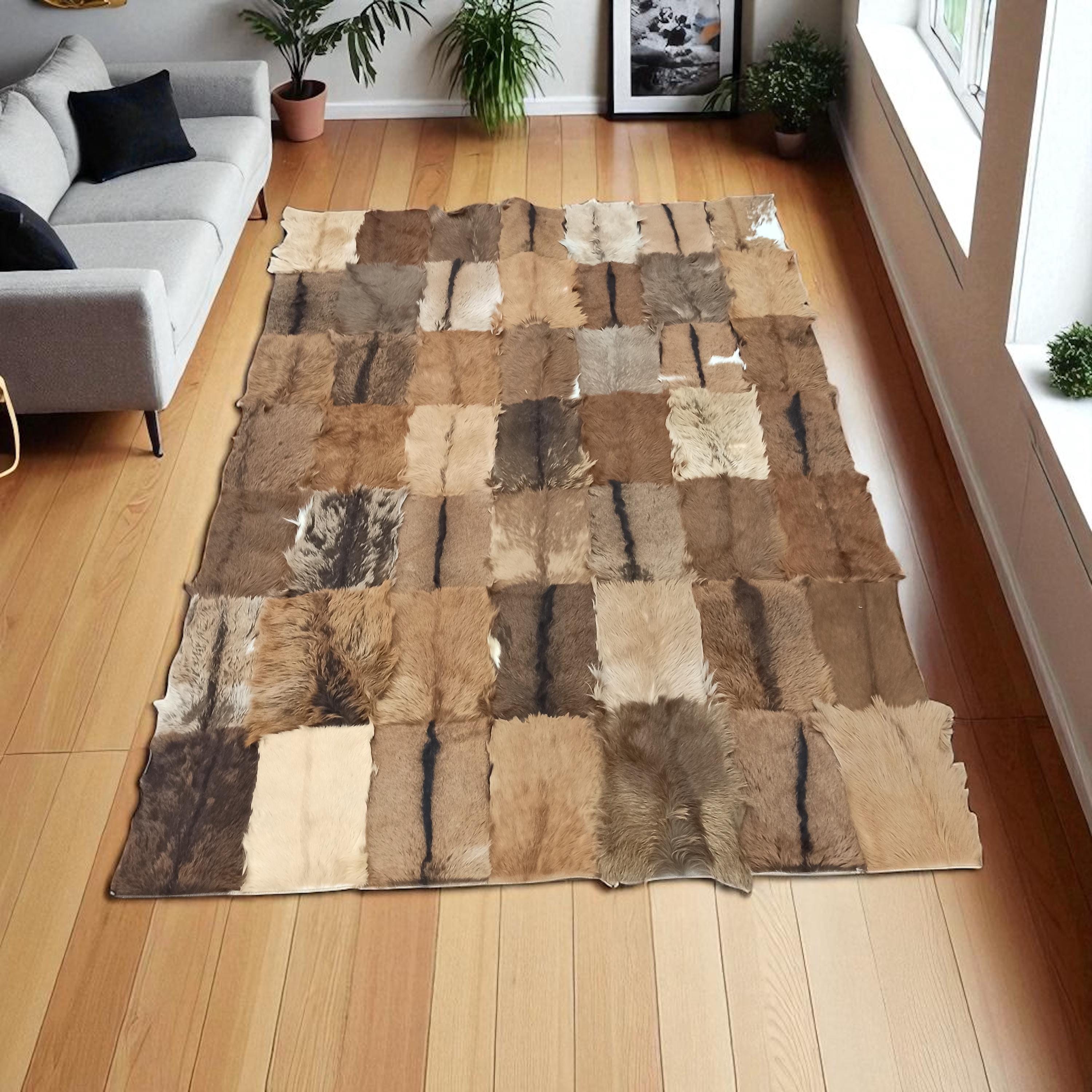 Light Brown Patchwork Goatskin Rug, Handmade Rectangle Natural Goat Fur Carpet, Custom Rustic Leather Area Rug for Living Room