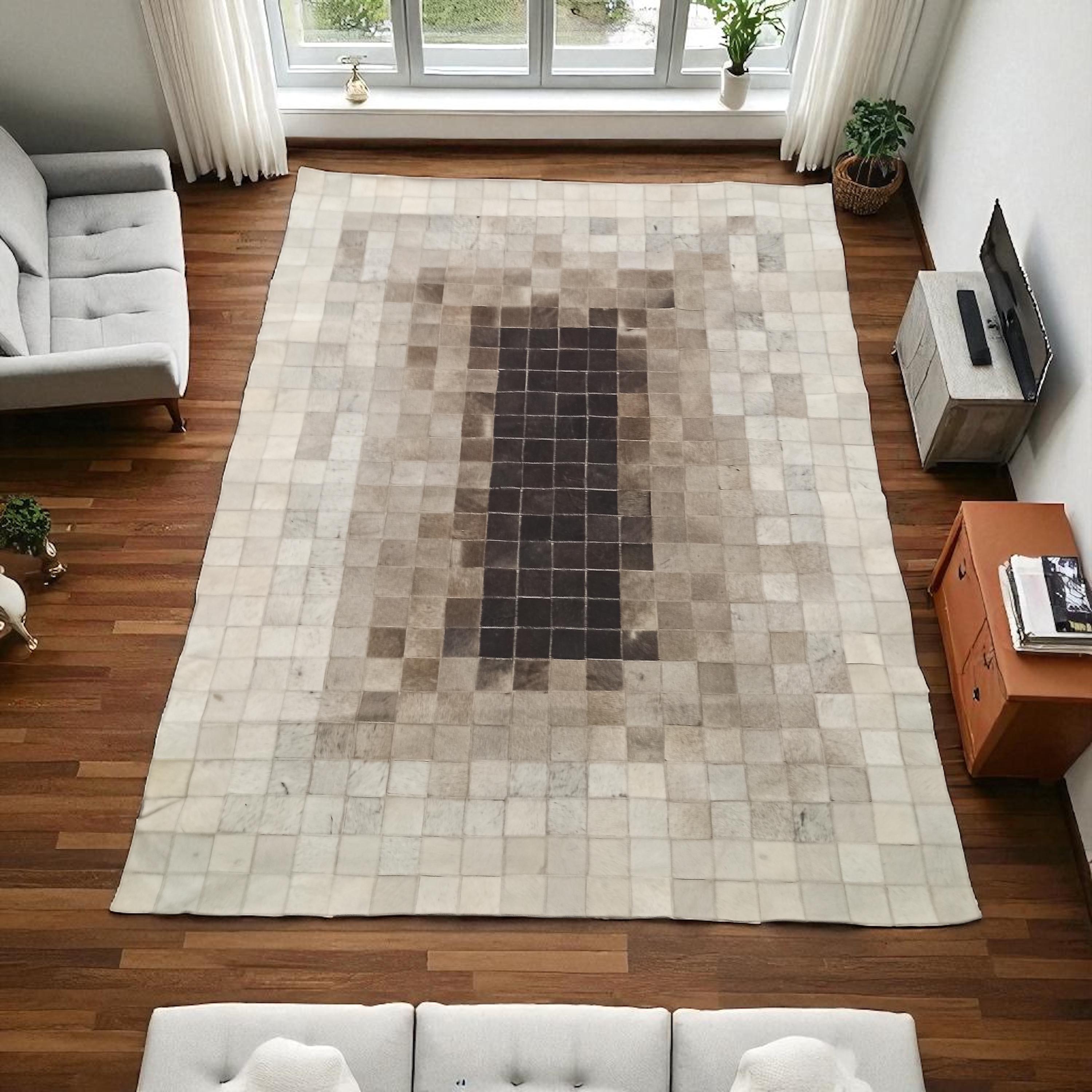 Gradient Brown Cowhide Patchwork Rug, Real Leather Area Carpet, Handmade Ombre Cowhide Rug
