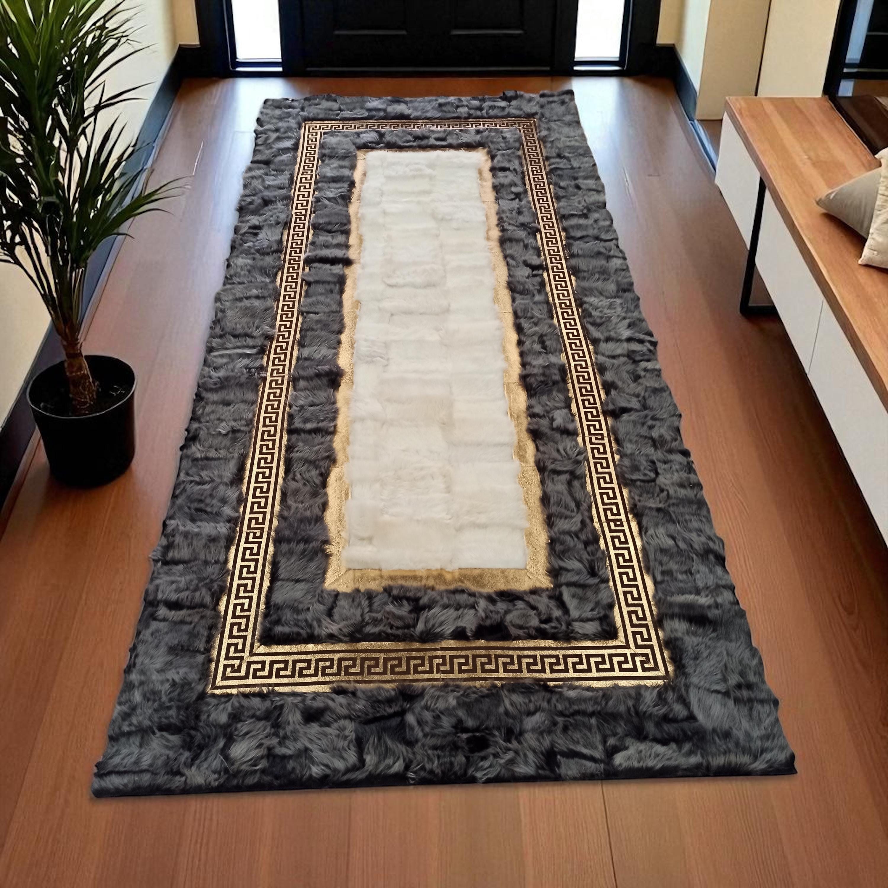 Gray Gold Tuscan Runner Rug, Long Handmade Fur Carpet with Greek Key Border, Custom Size Luxury Entryway Rug, Soft Natural Fur Runner