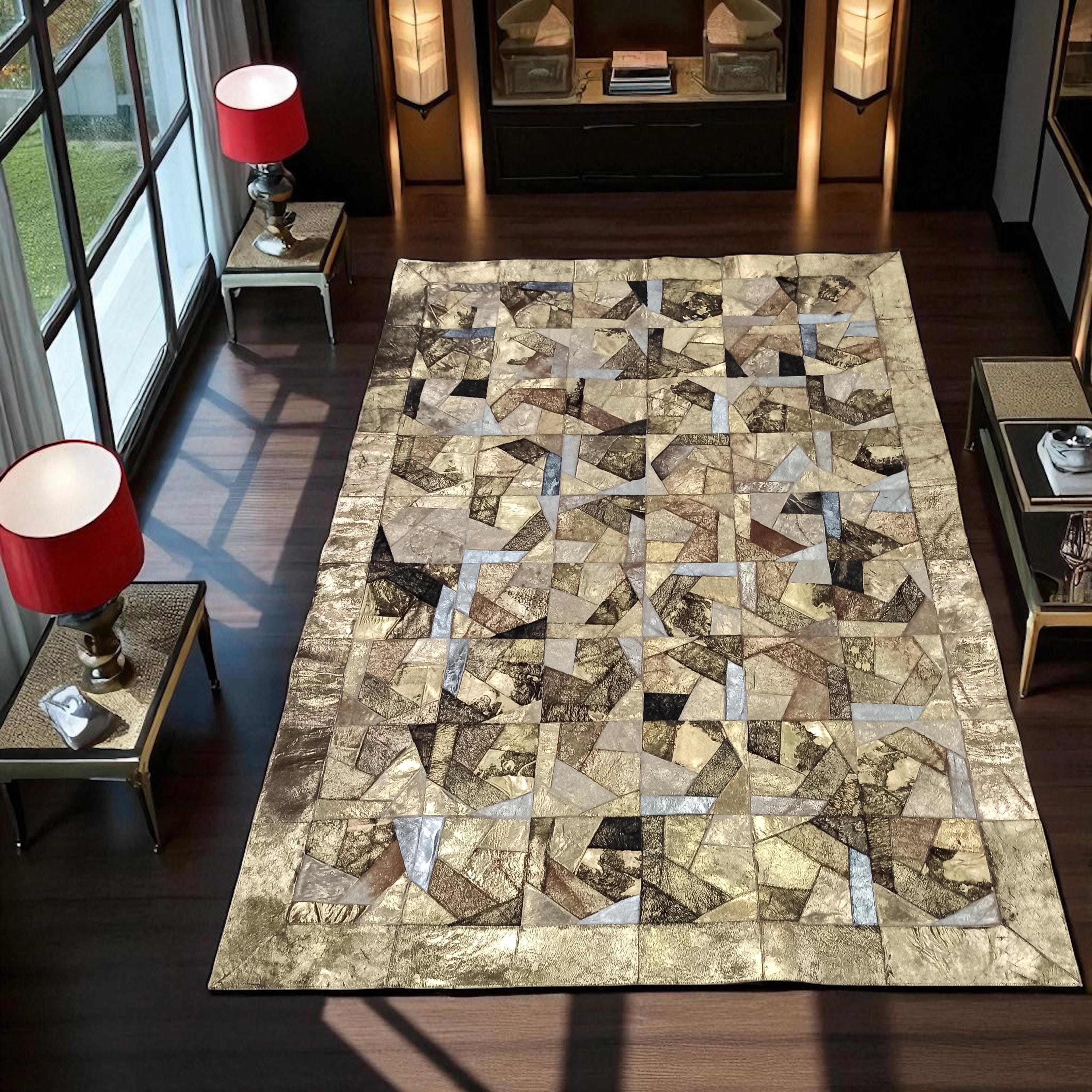 Geometric Patchwork Cowhide Rug, Handmade Genuine Leather Area Carpet