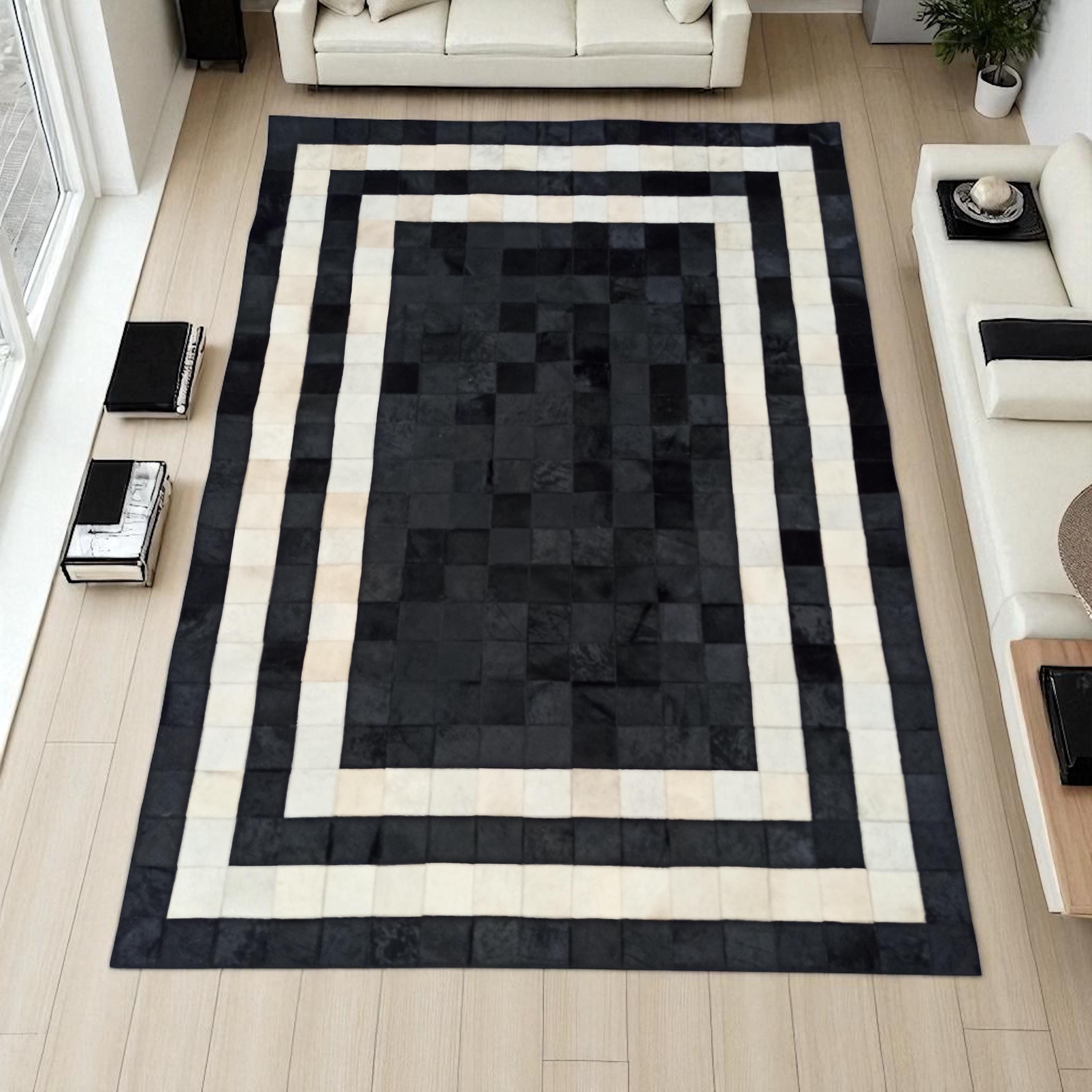 Black and White Striped Cowhide Patchwork Rug, Handmade Natural Leather Carpet