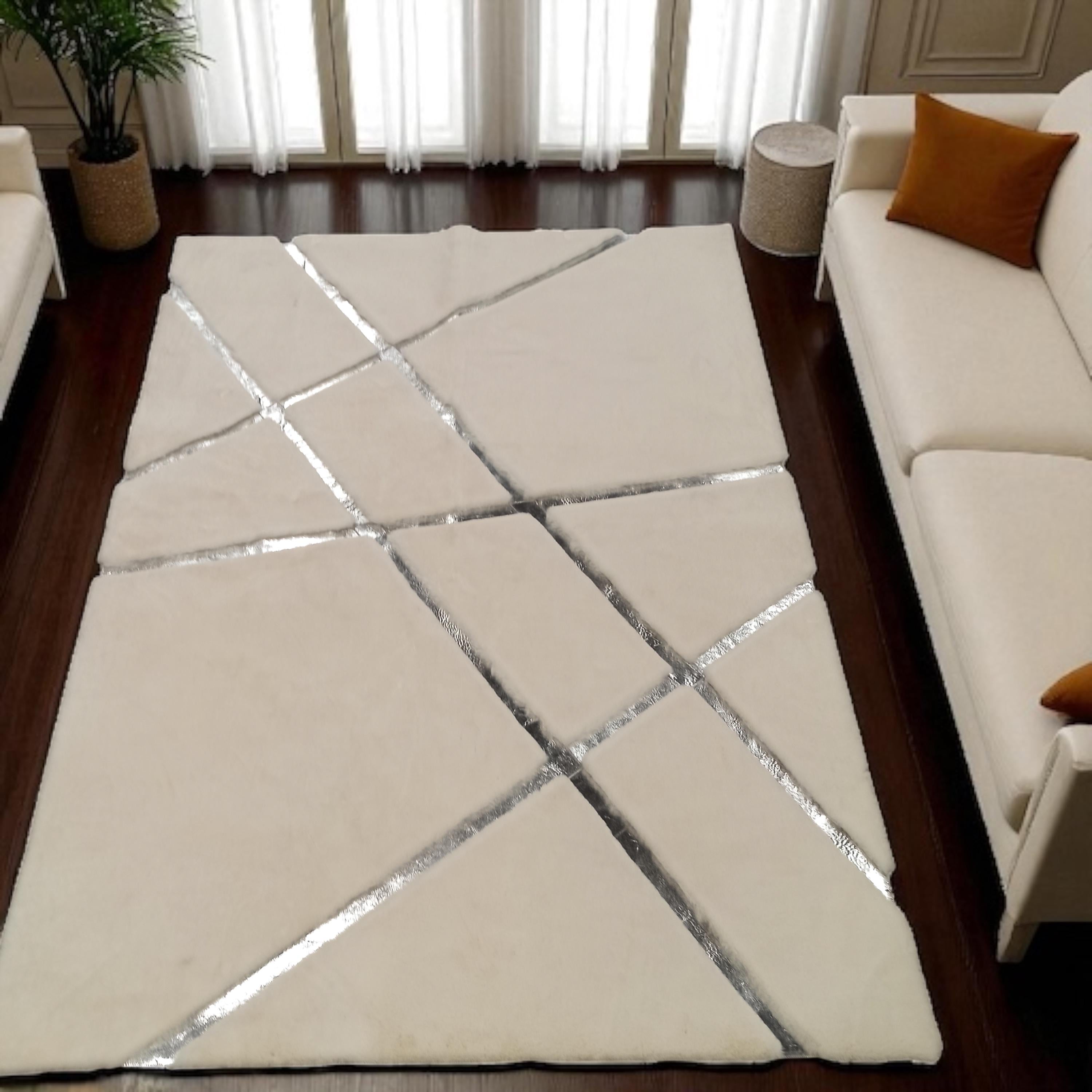 White Plush Area Rug with Silver Line Accents