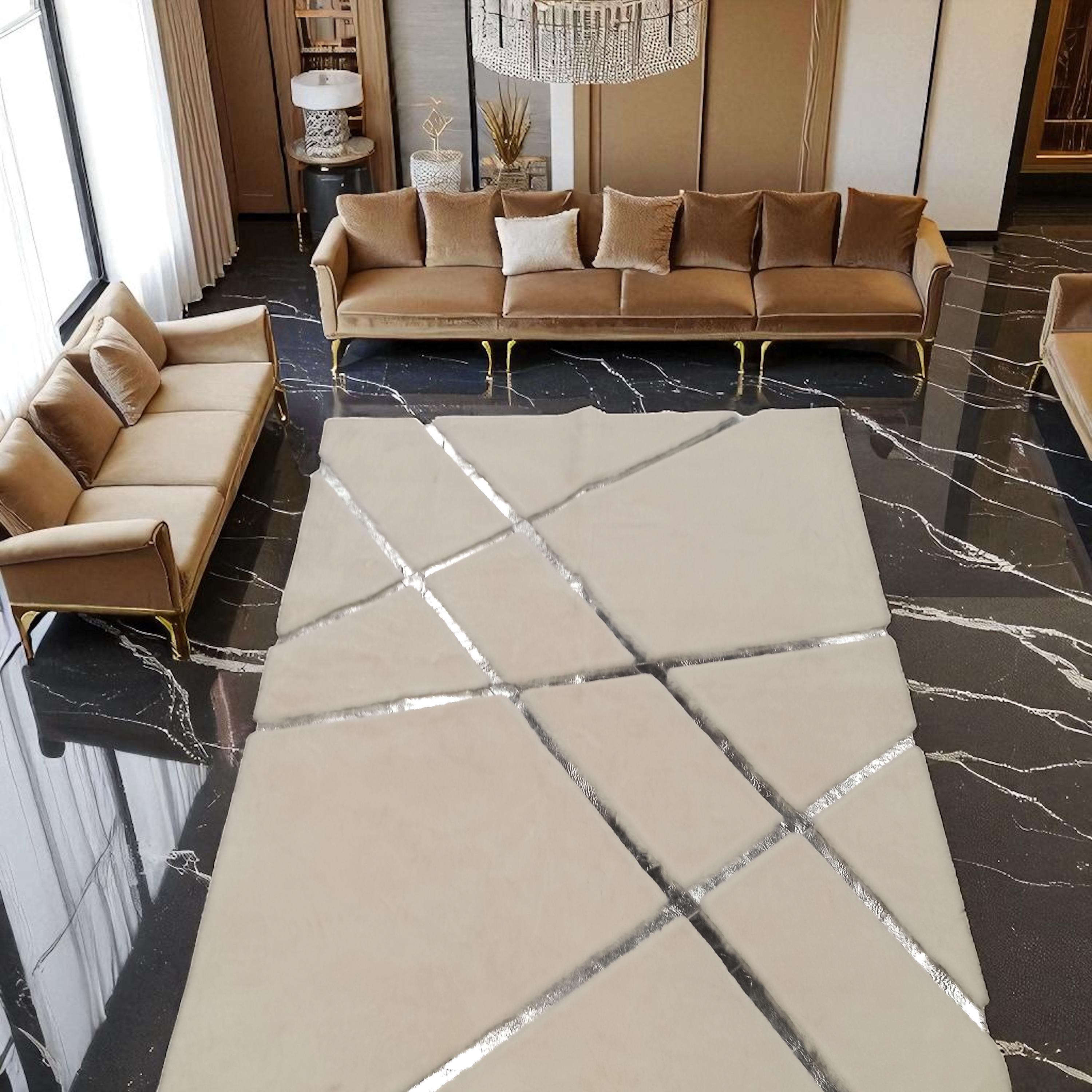 White Plush Area Rug with Silver Line Accents