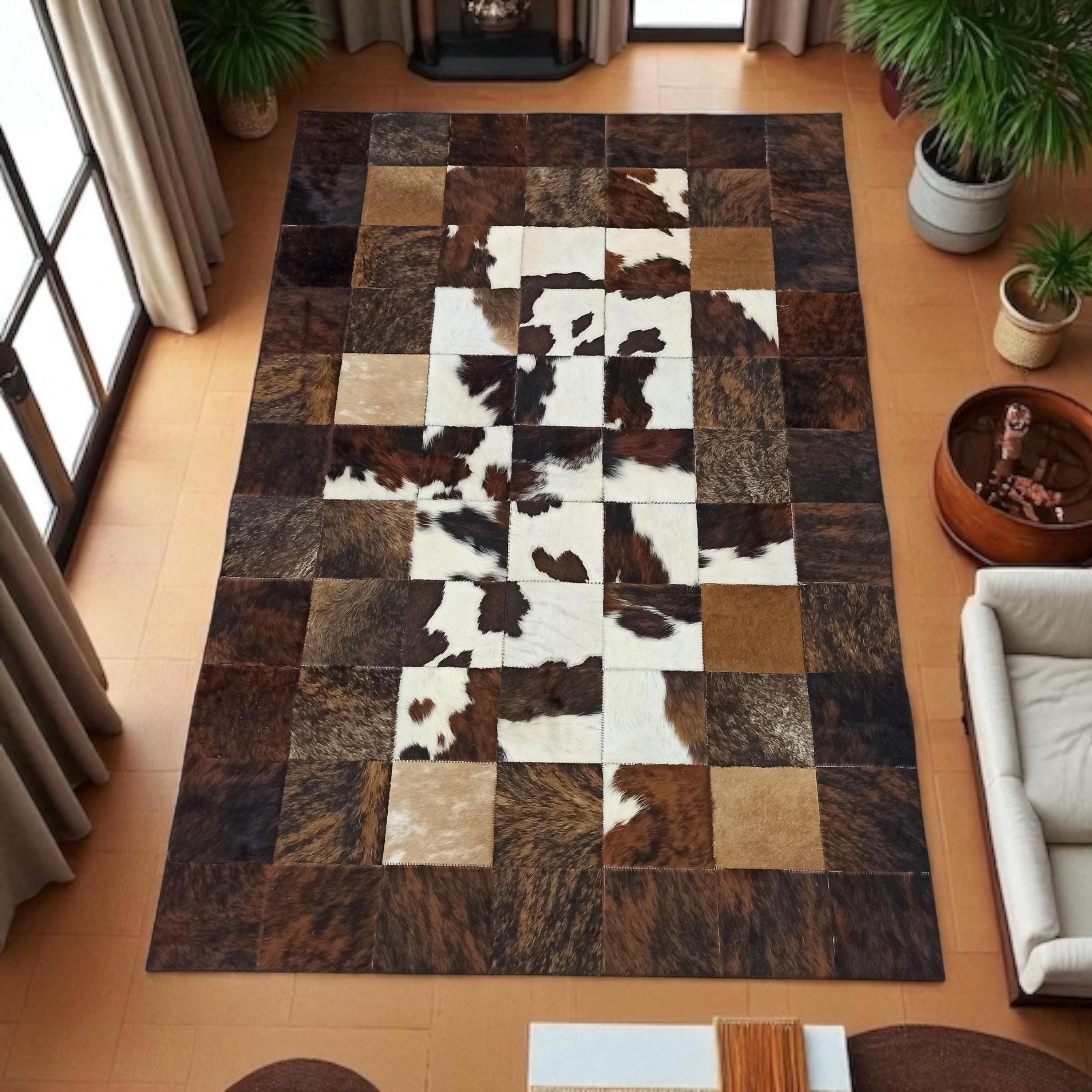 Tricolor Cowhide Patchwork Rug