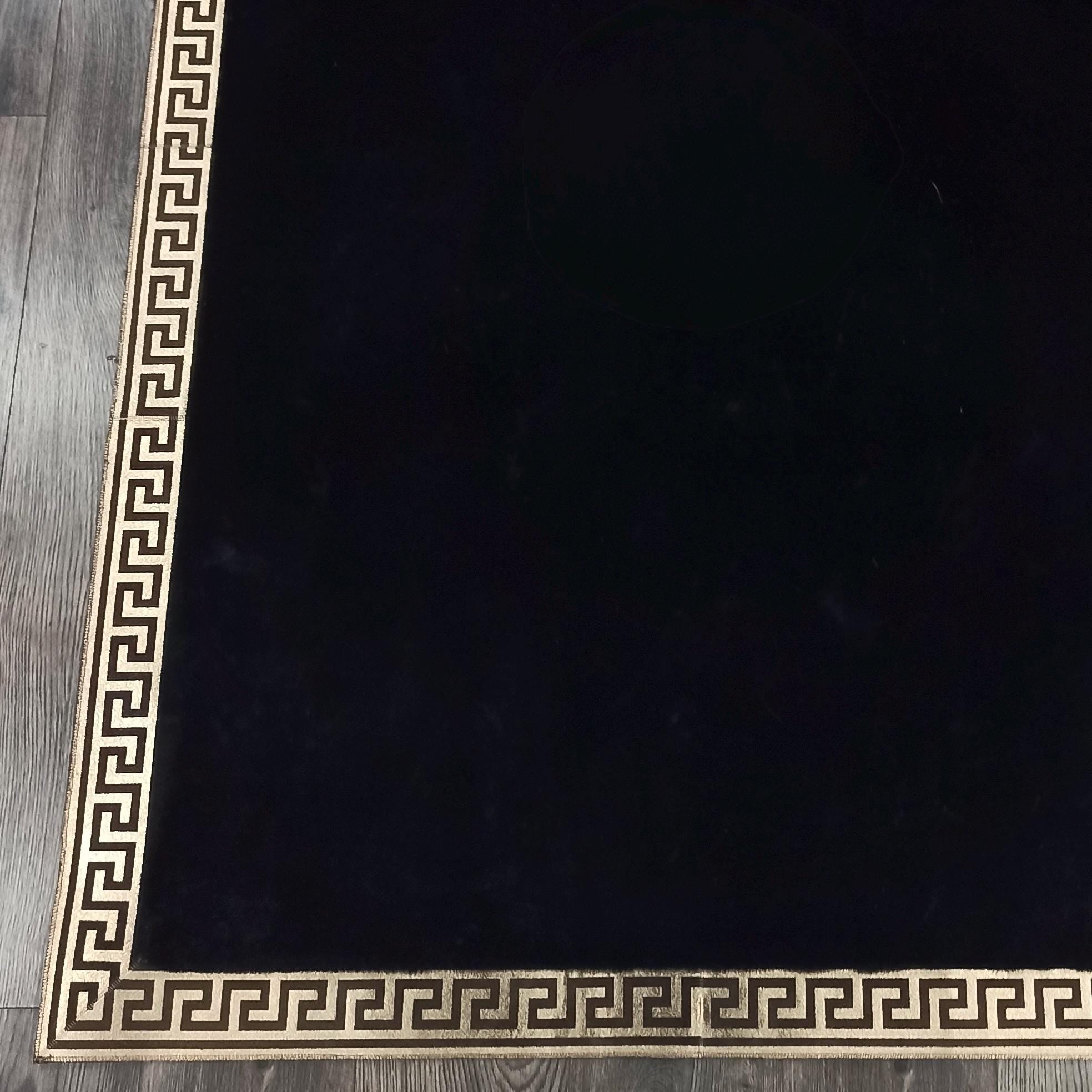 Elegant Black Faux Fur Area Rug with Greek Key Border