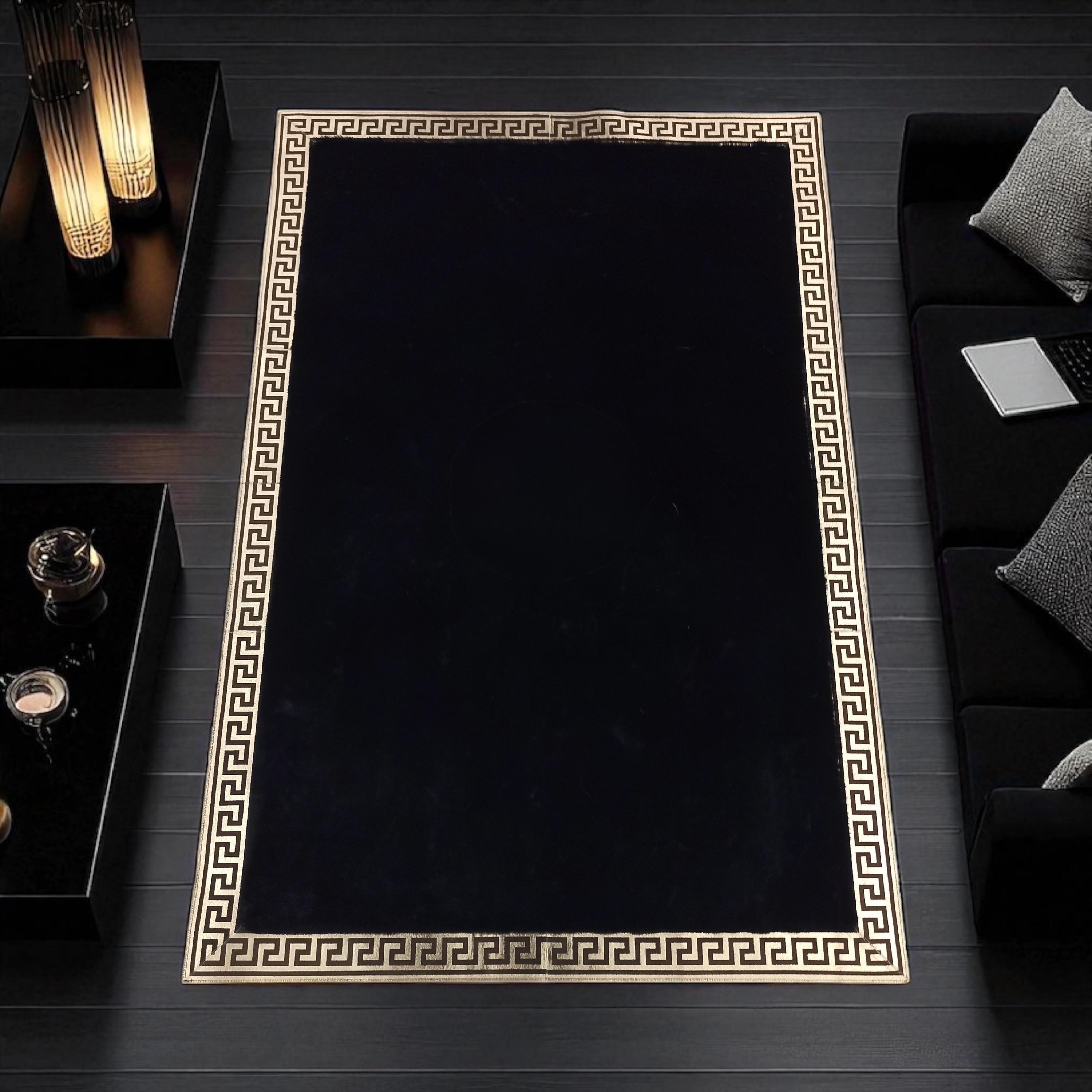 Elegant Black Faux Fur Area Rug with Greek Key Border