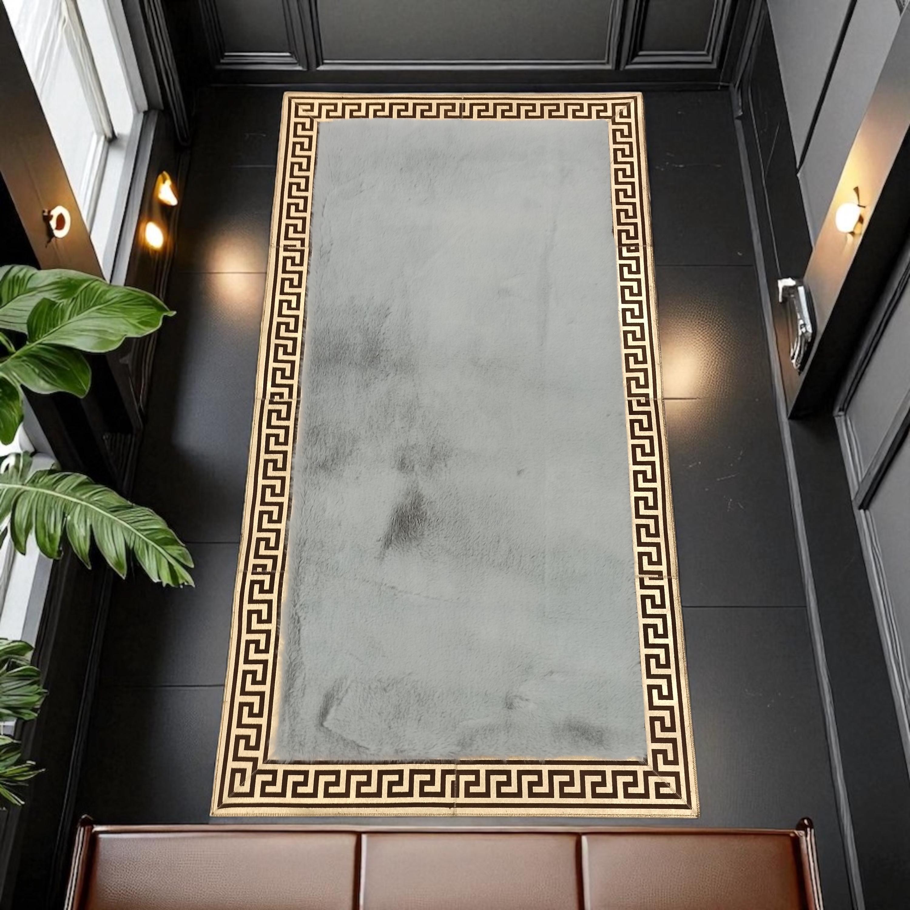 Light Gray Faux Fur Rug with Greek Key Border