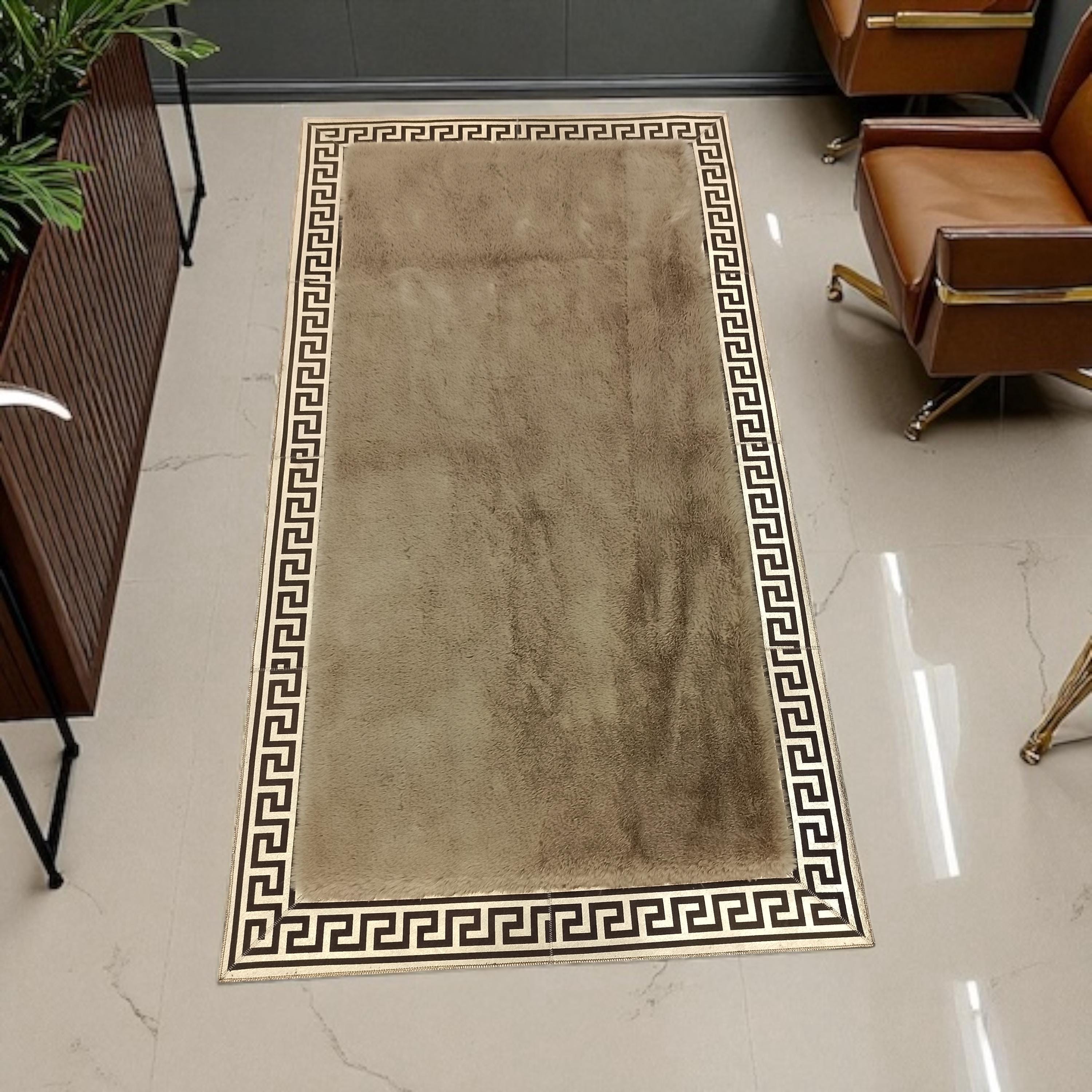 Brown Faux Fur Rug with Greek Border