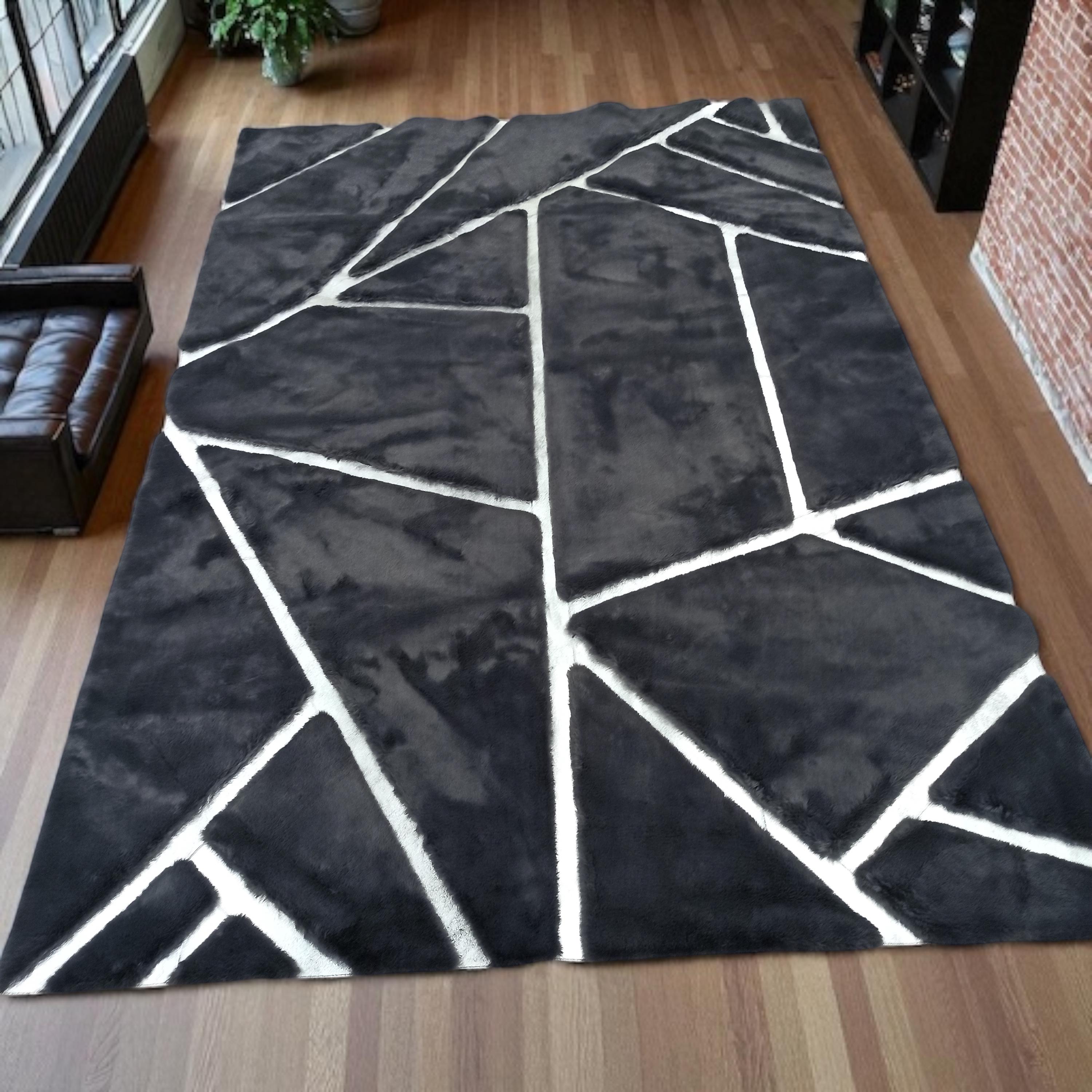 Black Plush Rug with White Geometric Lines