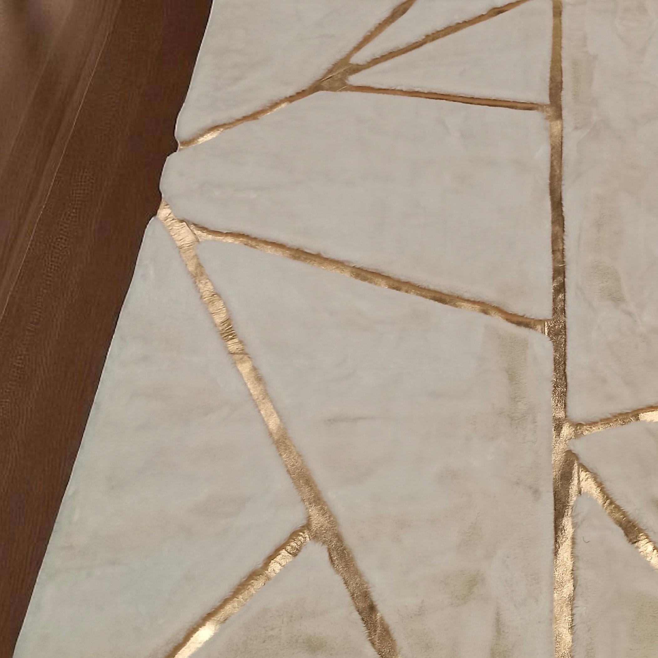 White Plush Rug with Gold Lines