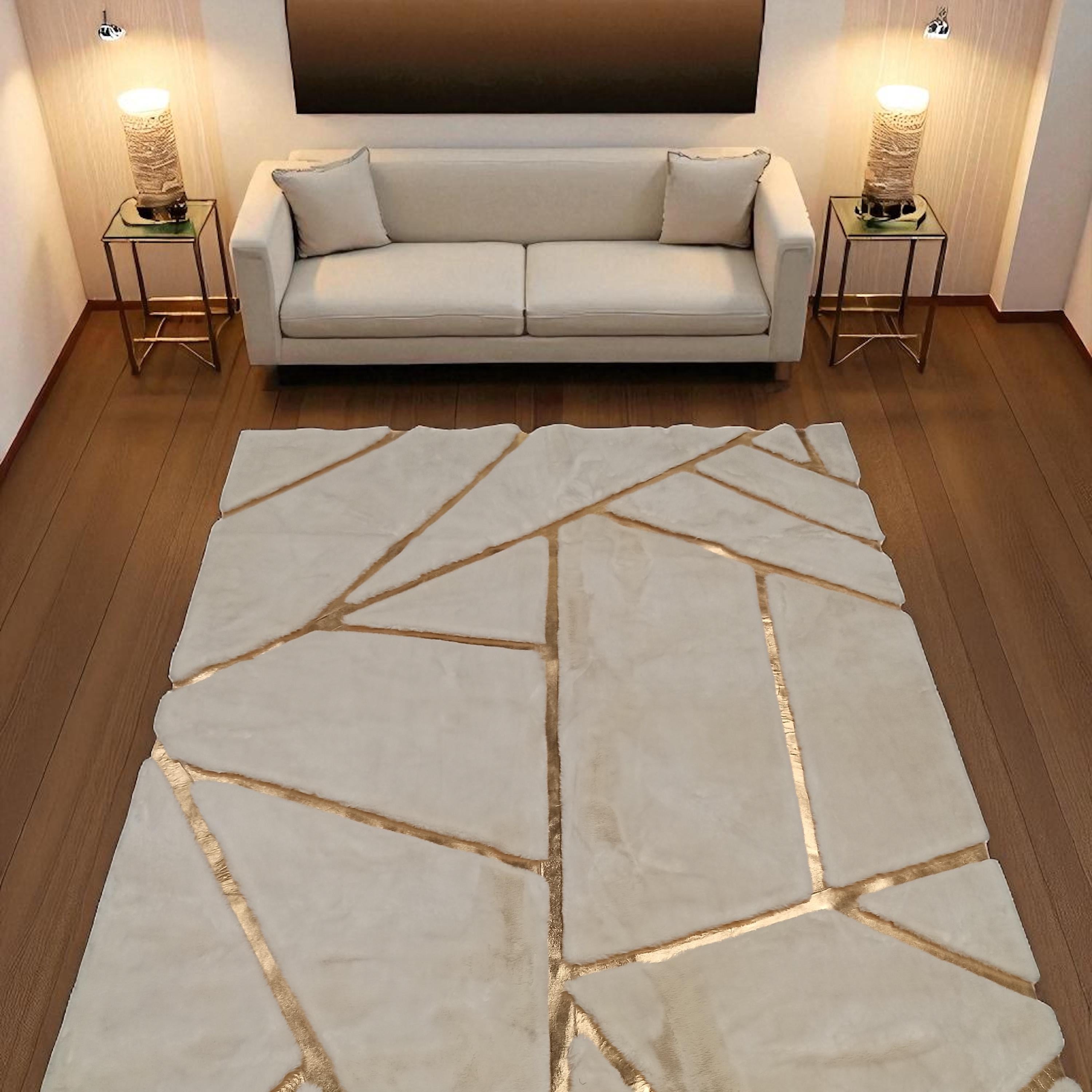 White Plush Rug with Gold Lines