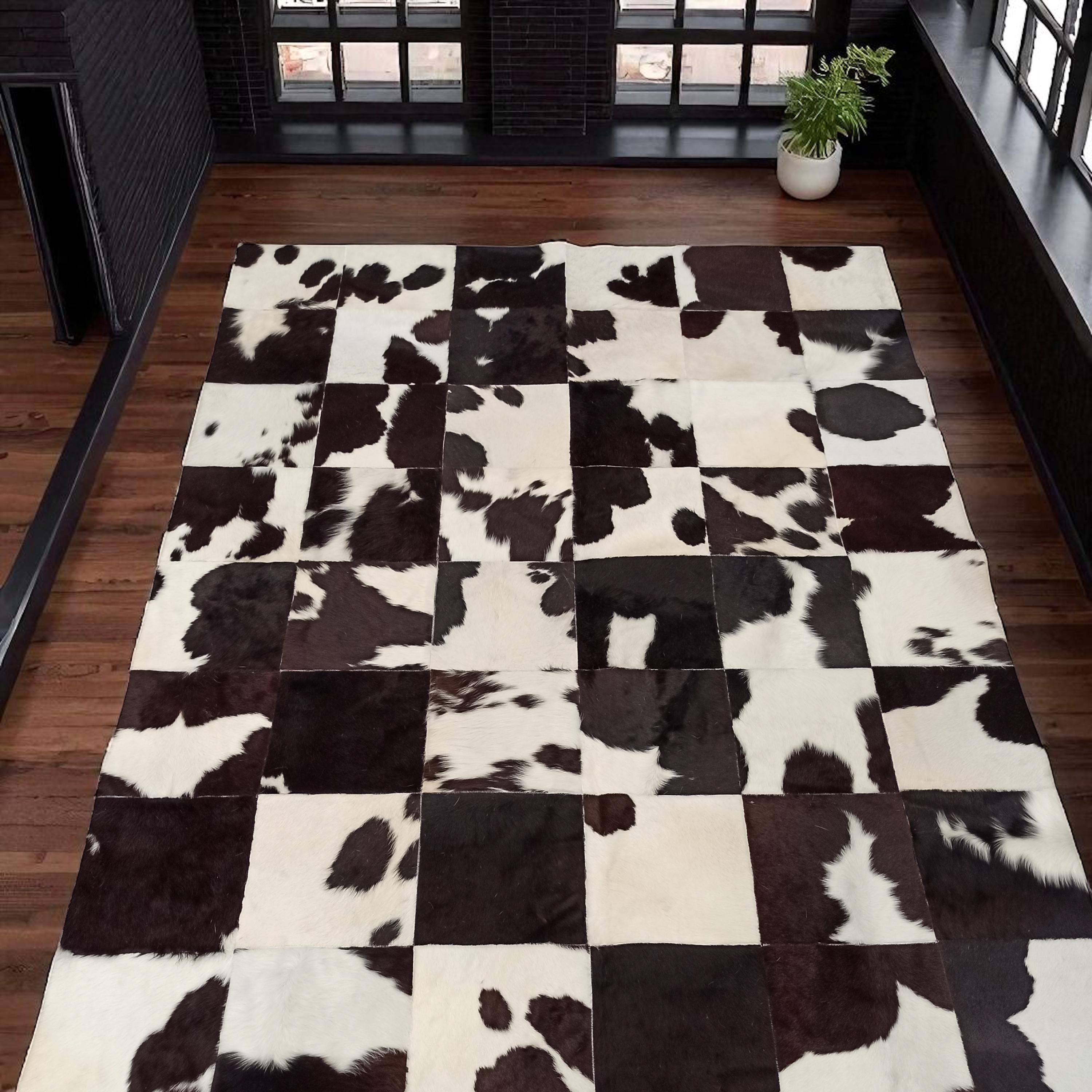 Black and White Cowhide Patchwork Rug, Real Leather Area Rug, Handmade Brazilian Cowhide Carpet, Custom Size Entryway Rug, Rustic Decor