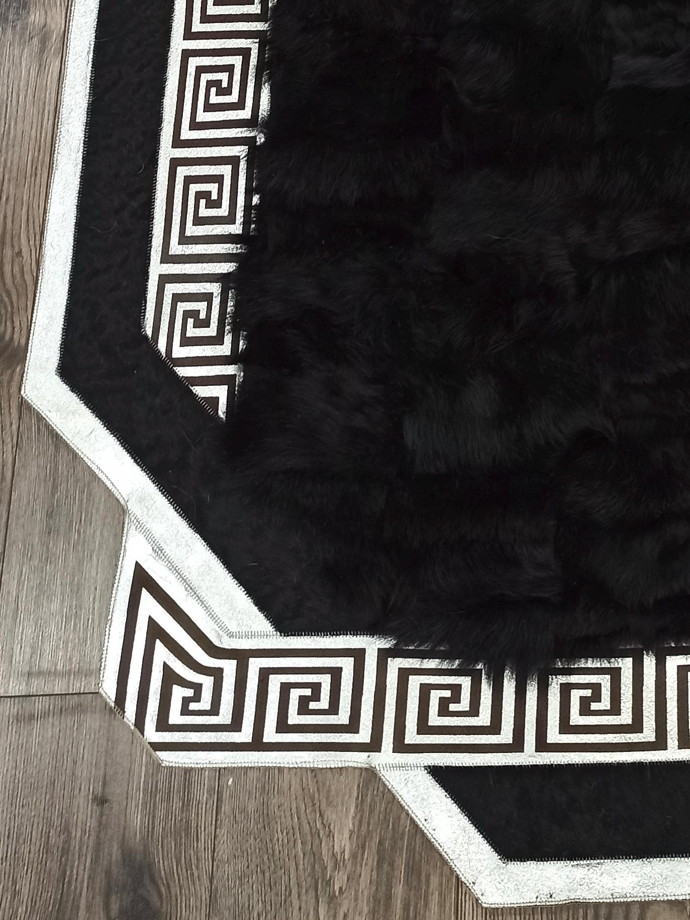 Black Greek Border Tuscan Rug, Luxury Rectangular Leather Carpet, Custom Size Black Fur Mat, Elegant Handmade Tuscan Area Rug for Home