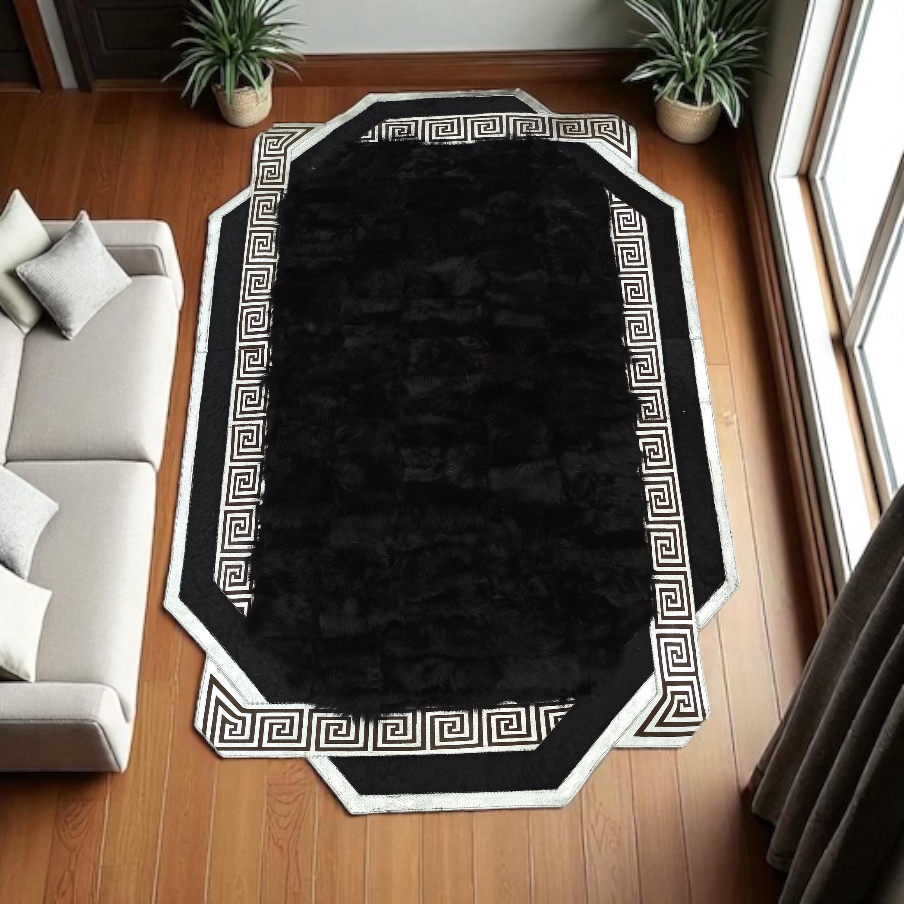 Black Greek Border Tuscan Rug, Luxury Rectangular Leather Carpet, Custom Size Black Fur Mat, Elegant Handmade Tuscan Area Rug for Home