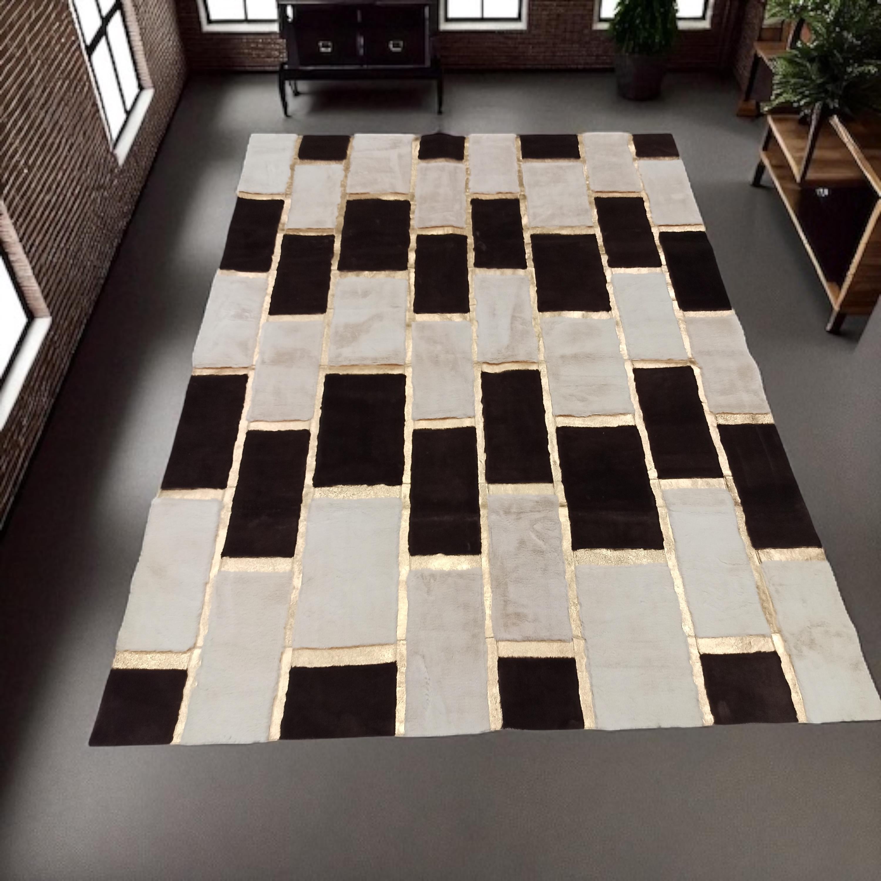 Modern Black and Cream Plush Area Rug with Gold Lines