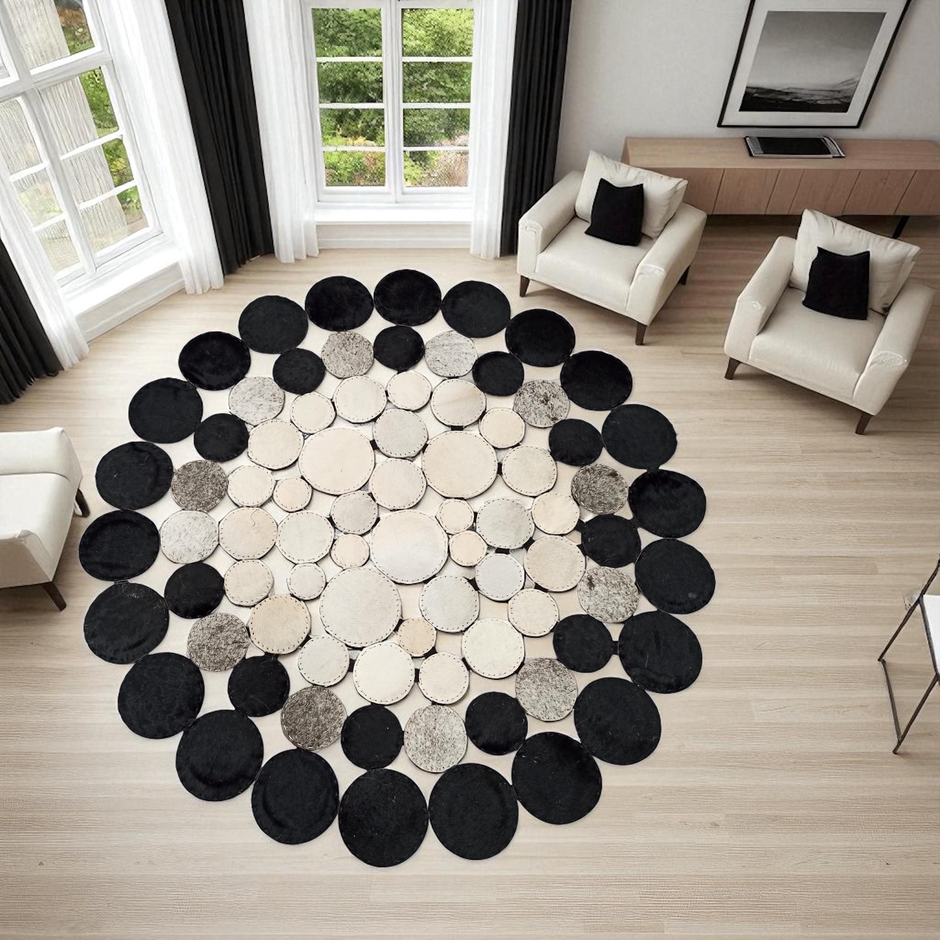 Round Cowhide Circle Rug, Black and White Polkadot Leather Carpet
