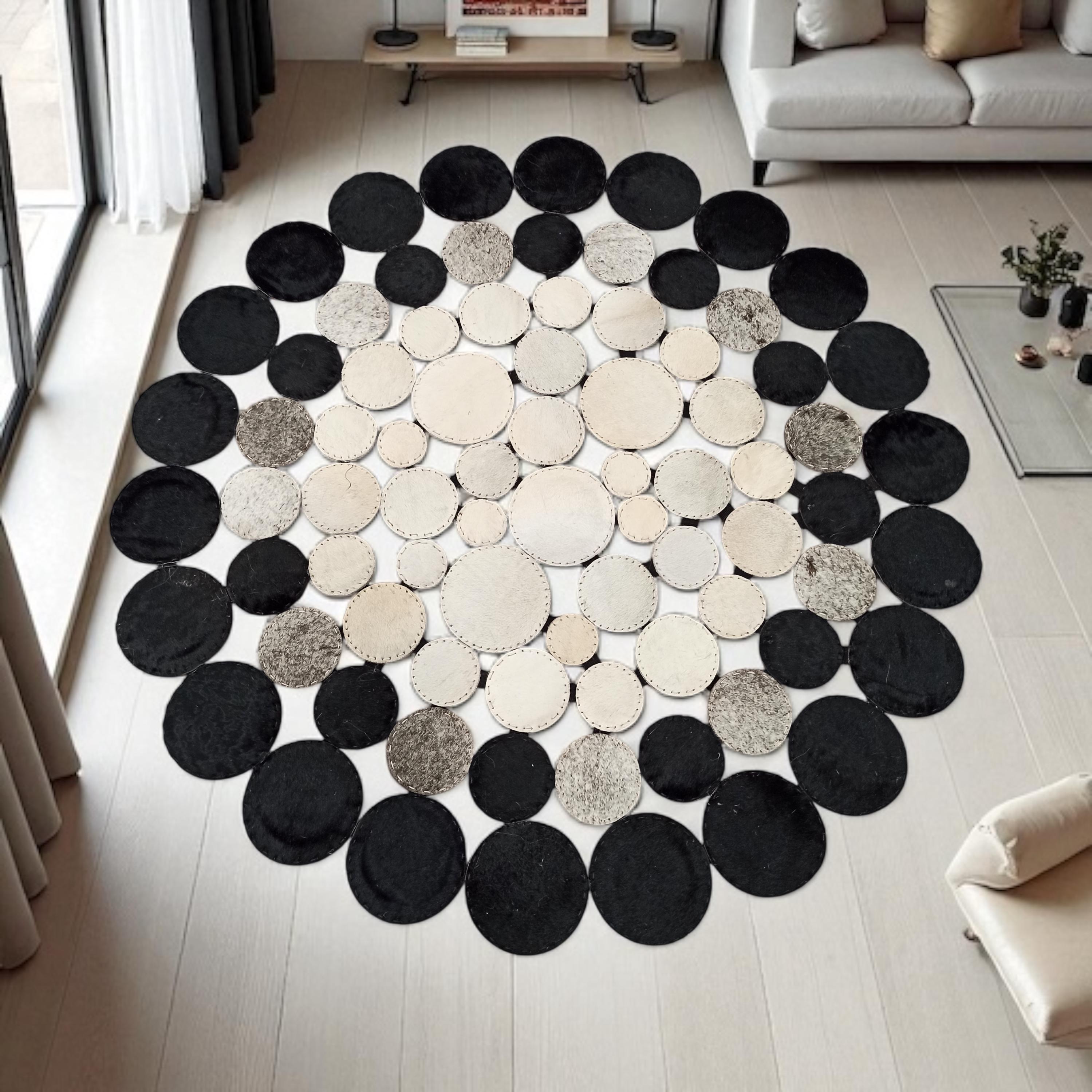 Round Cowhide Circle Rug, Black and White Polkadot Leather Carpet