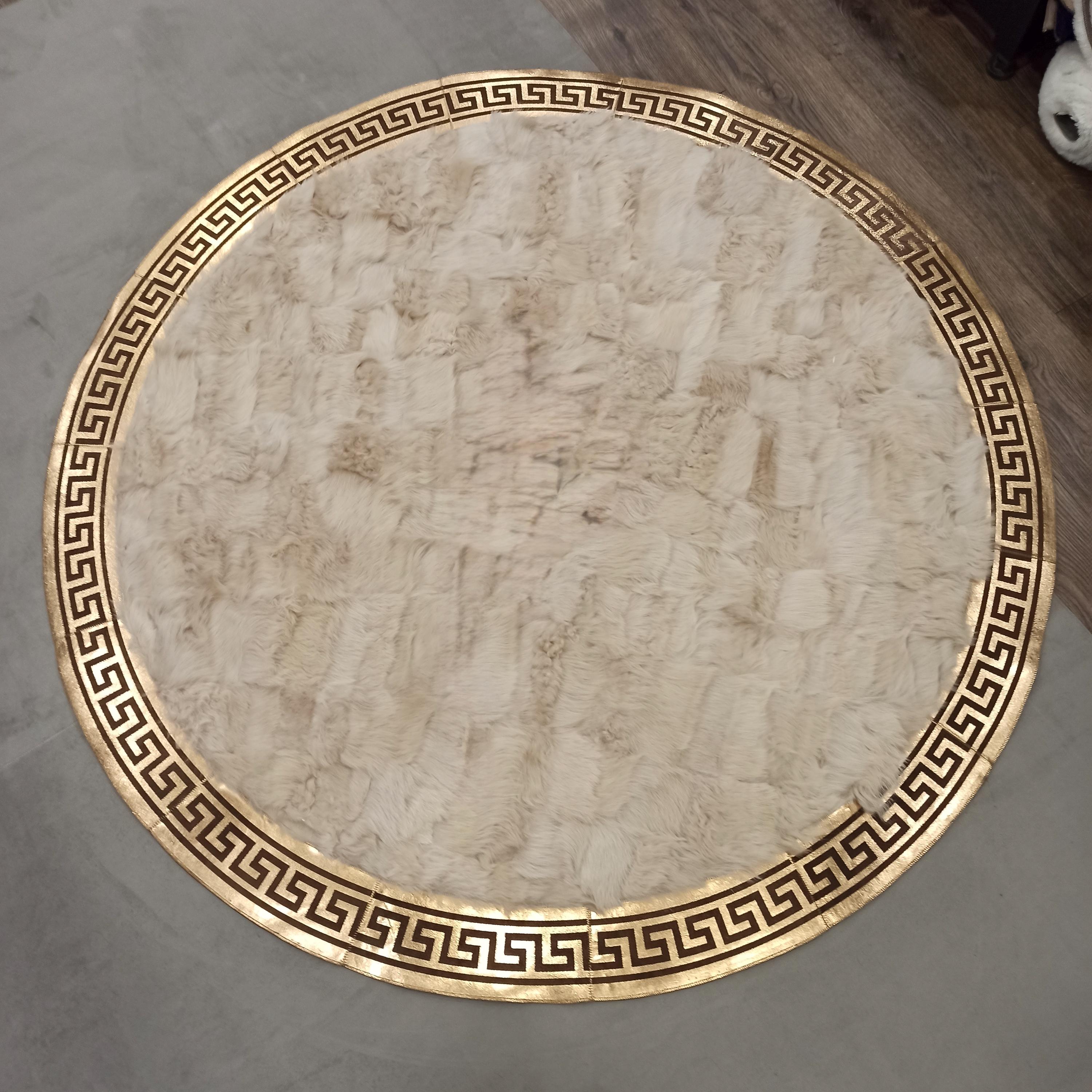Round Tuscan Area Rug with Gold Greek Key Border, Beige Leather Carpet