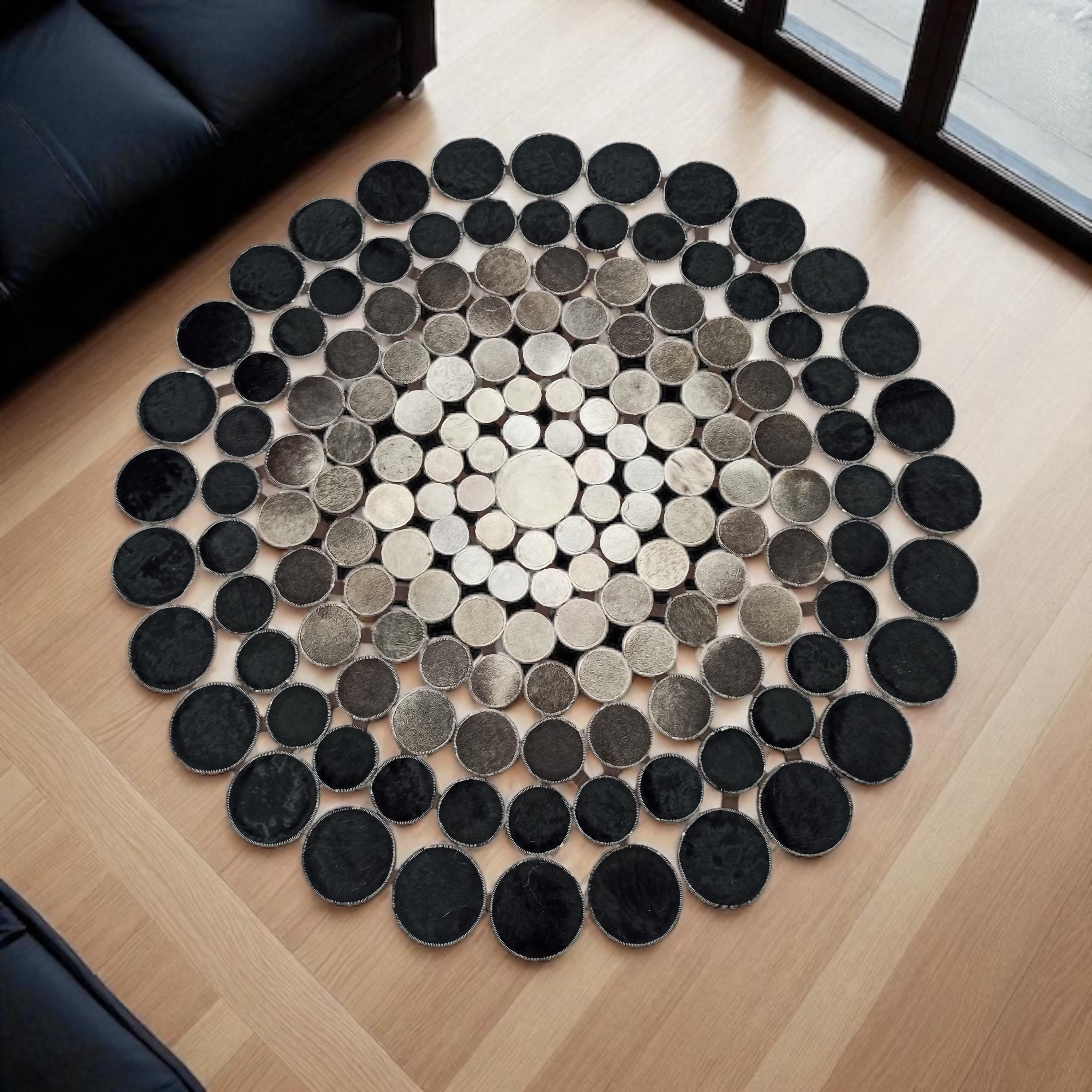 Black and Beige Polkadot Round Leather Rug, Custom Size Available