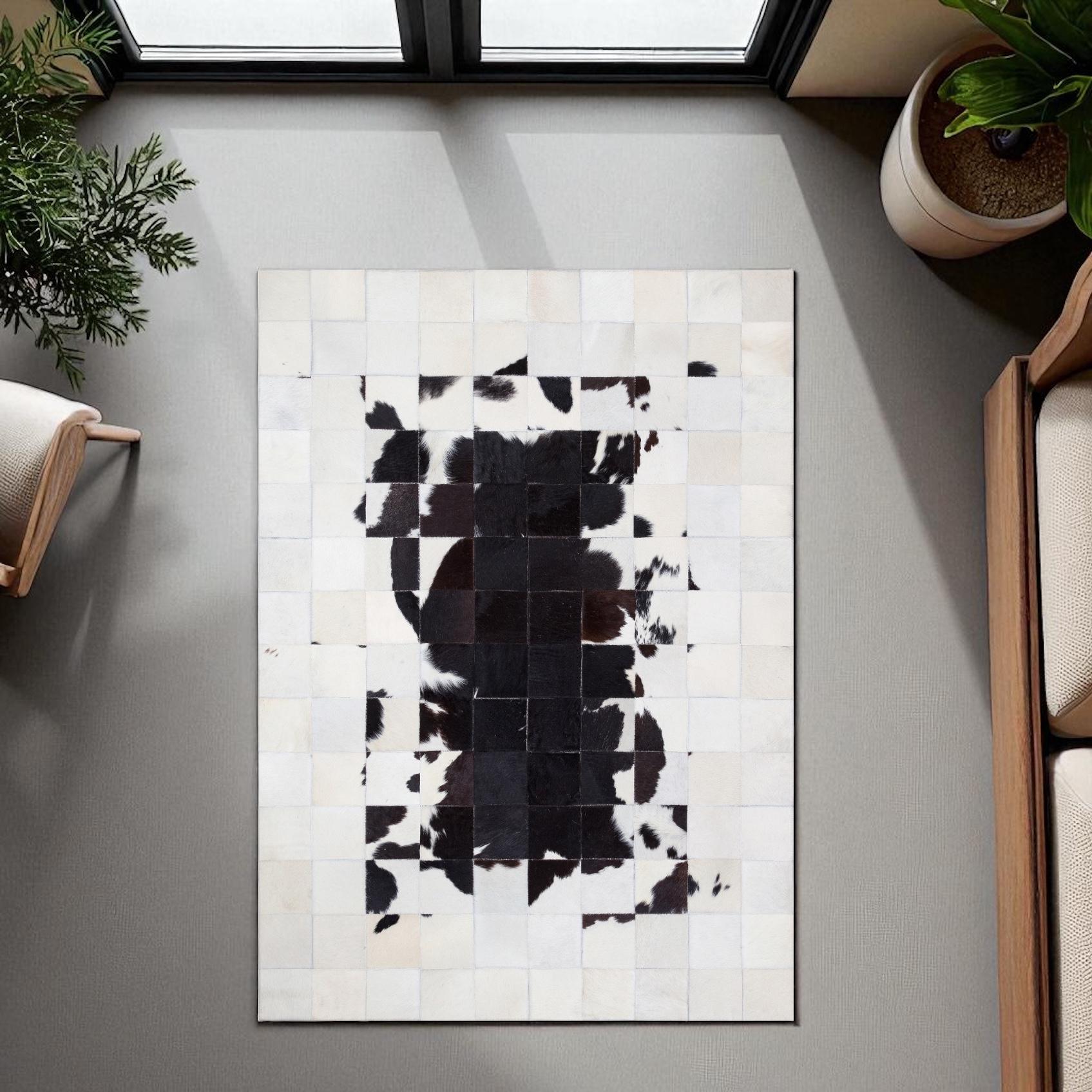 Black and White Cowhide Area Rug, Rectangular Hair on Hide Leather Carpet, Modern Patchwork Handmade Rug for Living Room and Bedroom