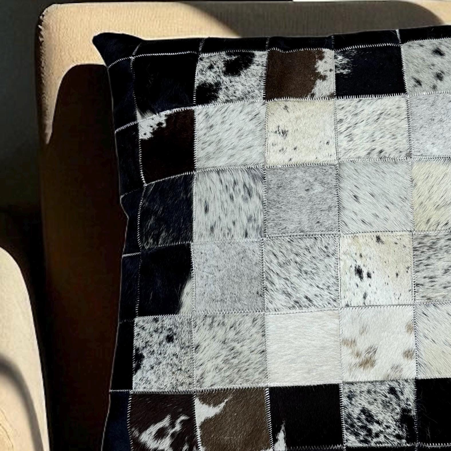 Black and White Cowhide Pillow Cover, Patchwork Hair on Hide Cushion Case, Rustic Leather Throw Pillow for Sofa, 20x20inch 50x50cm